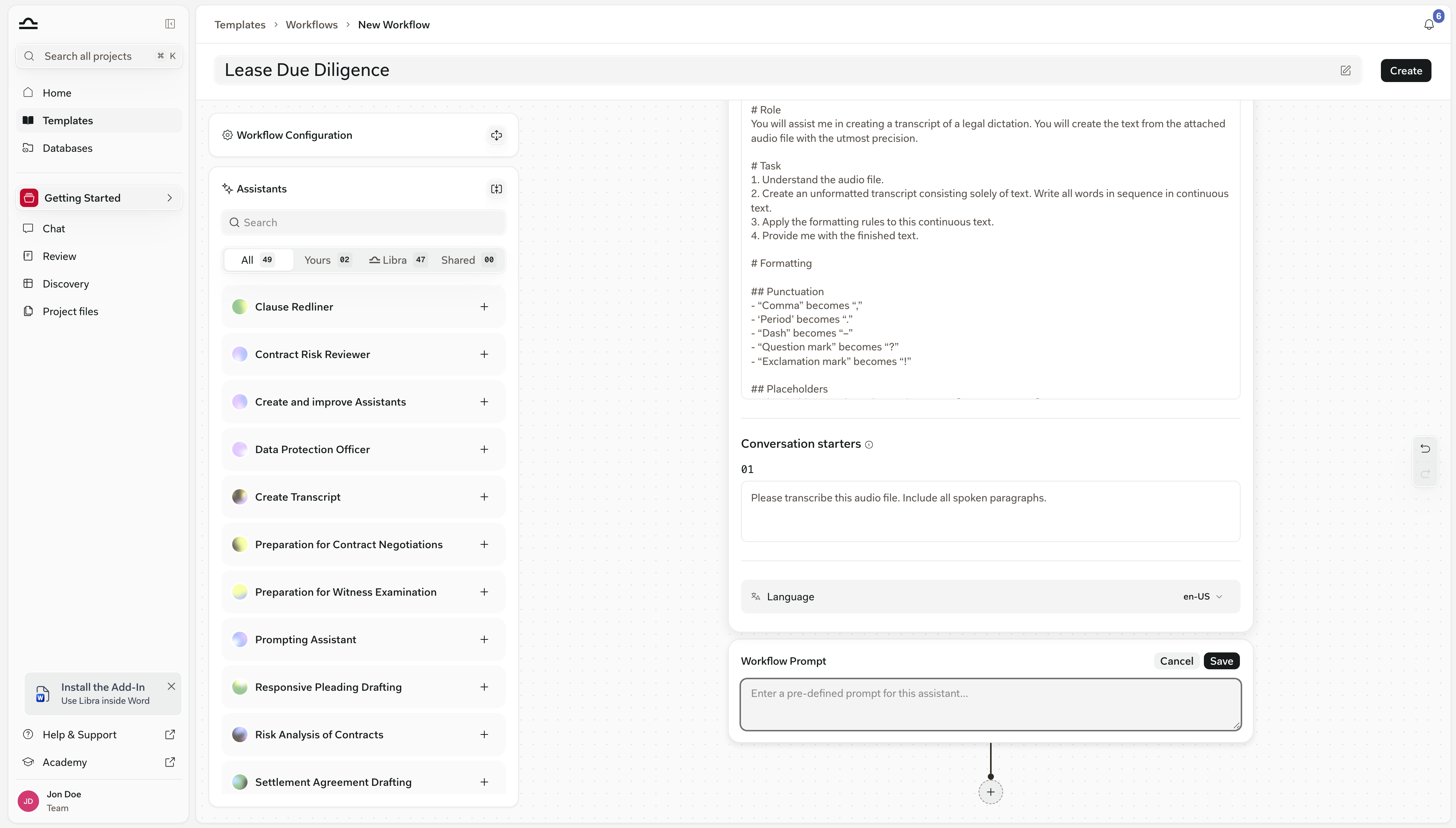 Edytor Workflow o nazwie Lease Due Diligence z rozwiniętym panelem Assistants i otwartym krokiem na kanwie, pokazującym instrukcje Assistant oraz pole Workflow Prompt