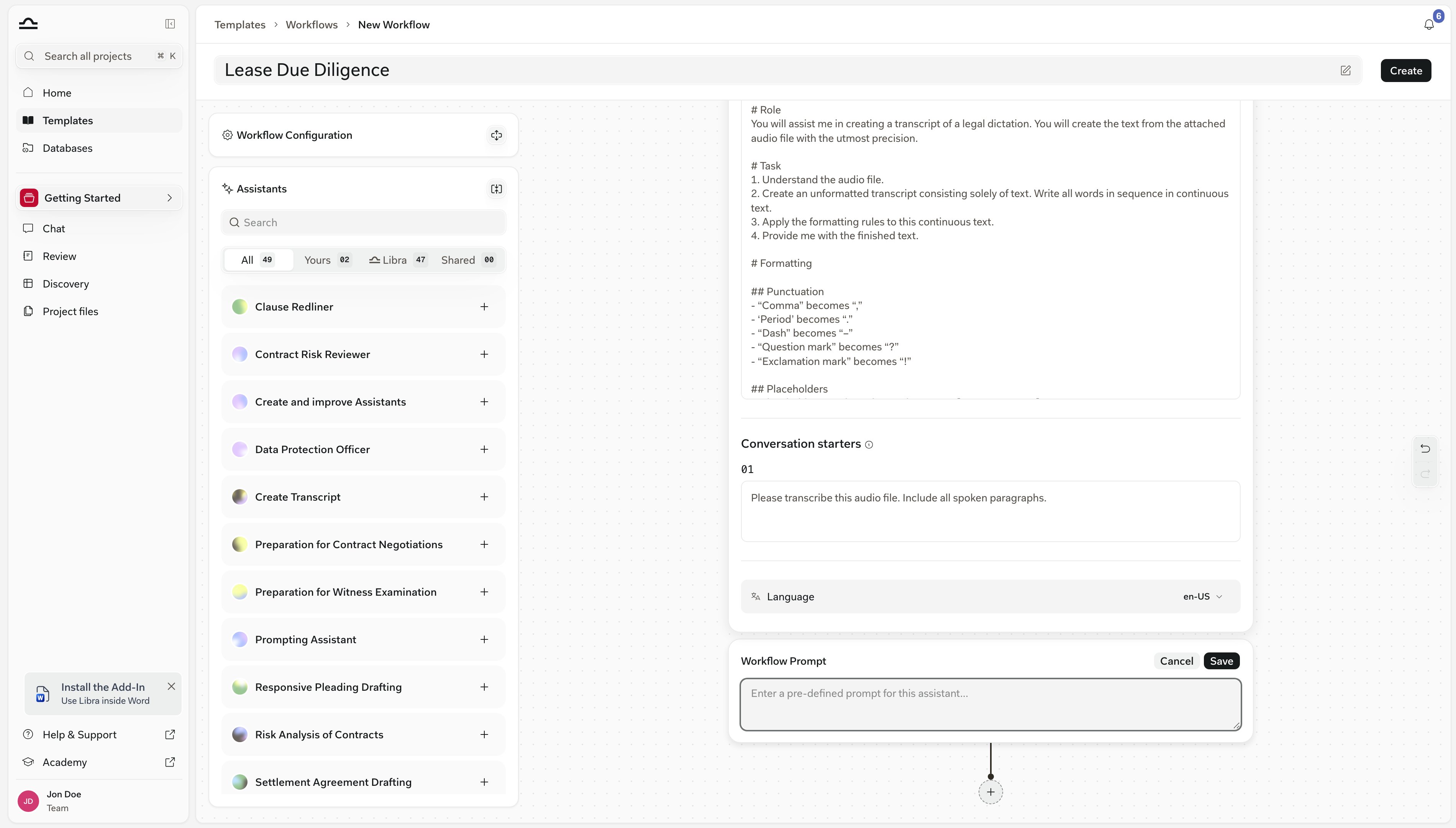 Editor Workflow s názvem Lease Due Diligence, s rozbaleným panelem Assistants a krokem otevřeným na plátně, zobrazující instrukce Assistant a pole Výzva Workflow