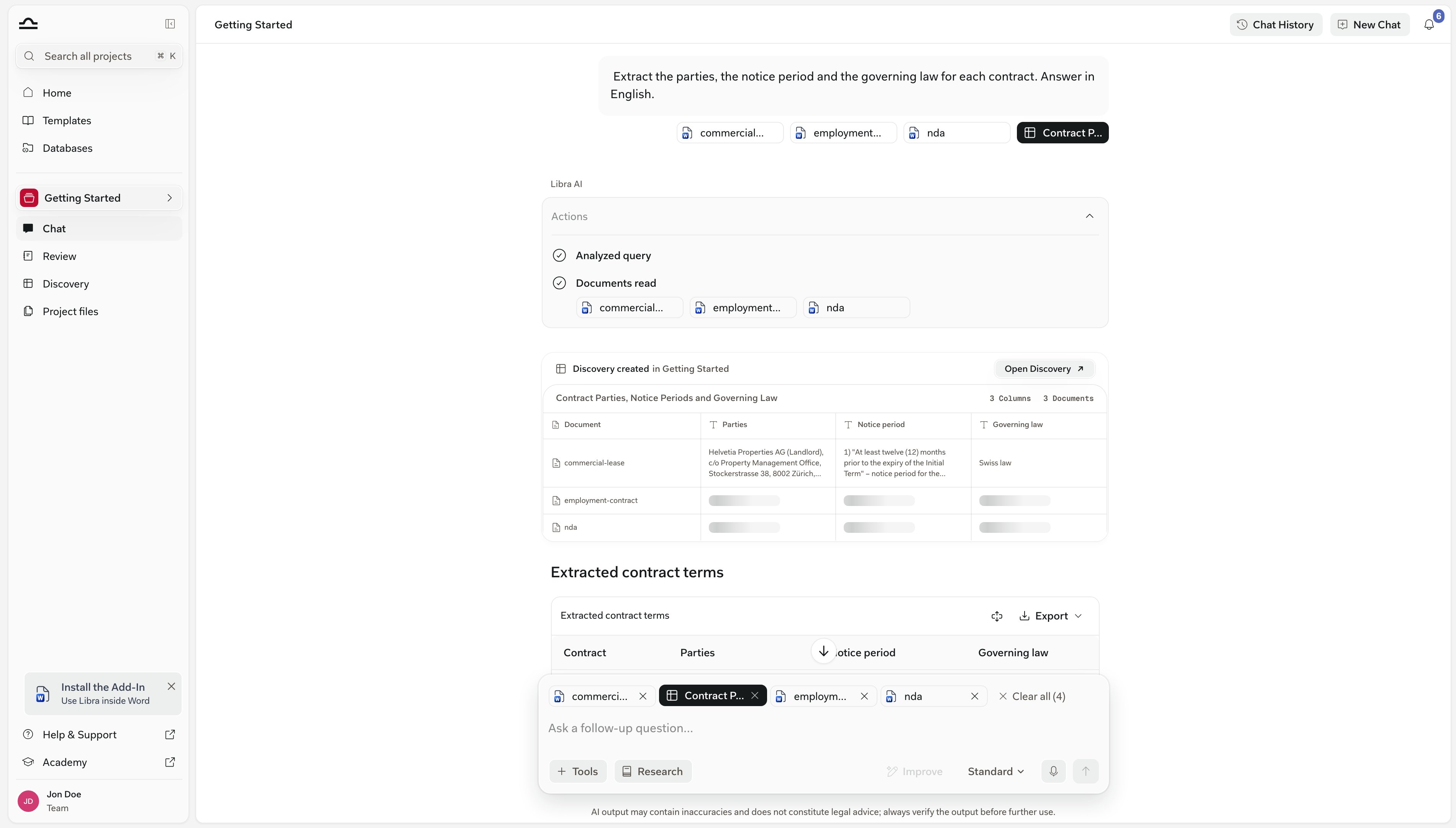 La tarjeta de Discovery creada en el chat, mostrando la tabla de vista previa truncada con sus contadores Columns / Documents y el botón Open Discovery