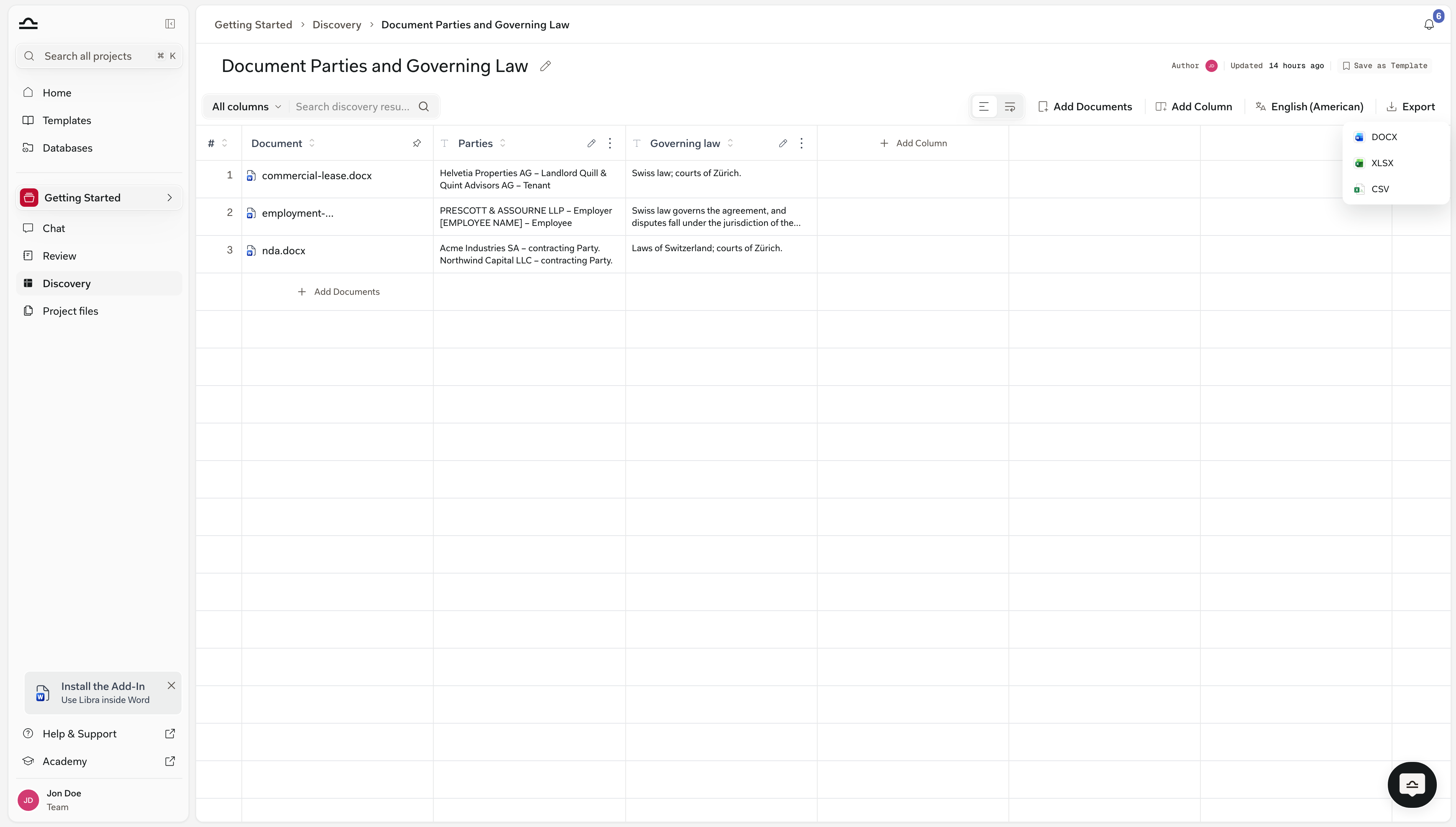 Das geöffnete Export-Dropdown in einer abgeschlossenen Discovery mit DOCX, XLSX und CSV