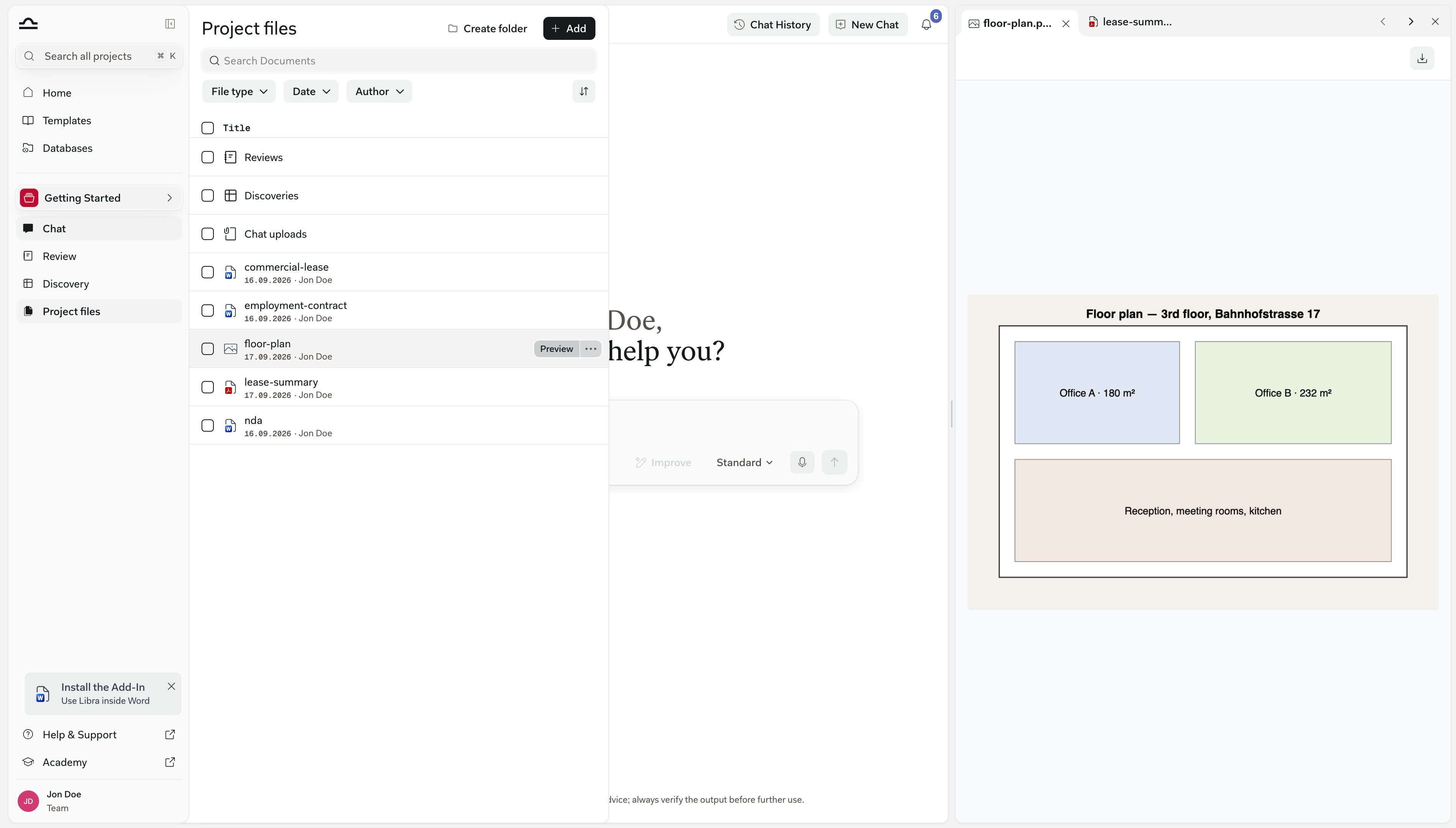 Prohlížeč dokumentů se dvěma otevřenými záložkami, shrnutím nájemní smlouvy v PDF a půdorysem v PNG, s aktivní záložkou obrázku a panelem Soubory projektu stále viditelným vlevo