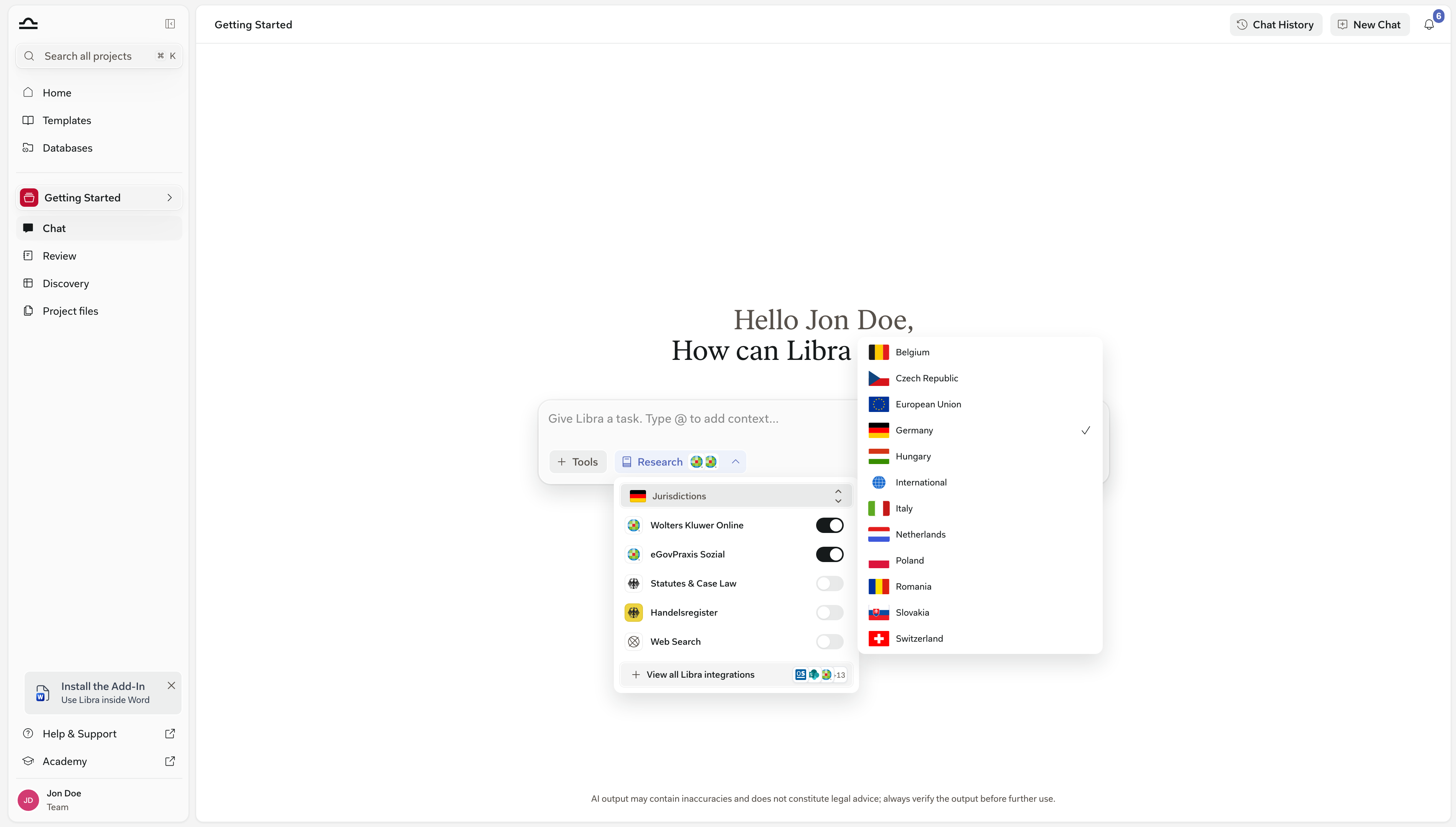 Geöffnetes Rechtsordnungen-Dropdown oben im Recherche-Panel mit mehreren angehakten Ländern