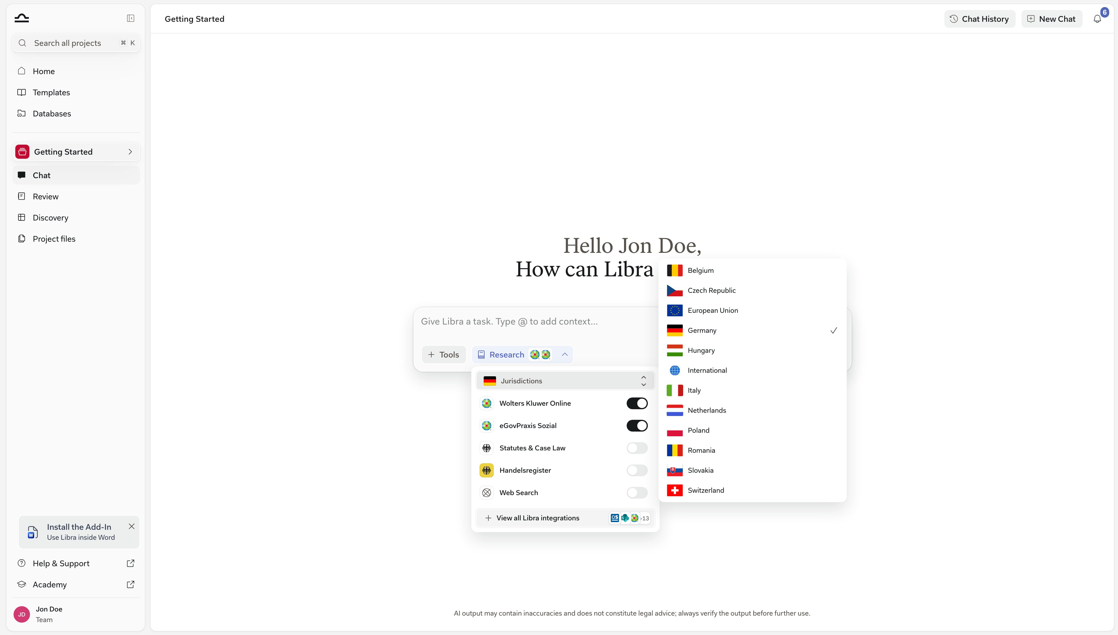 Jurisdictions dropdown open at the top of the Research panel with several countries ticked