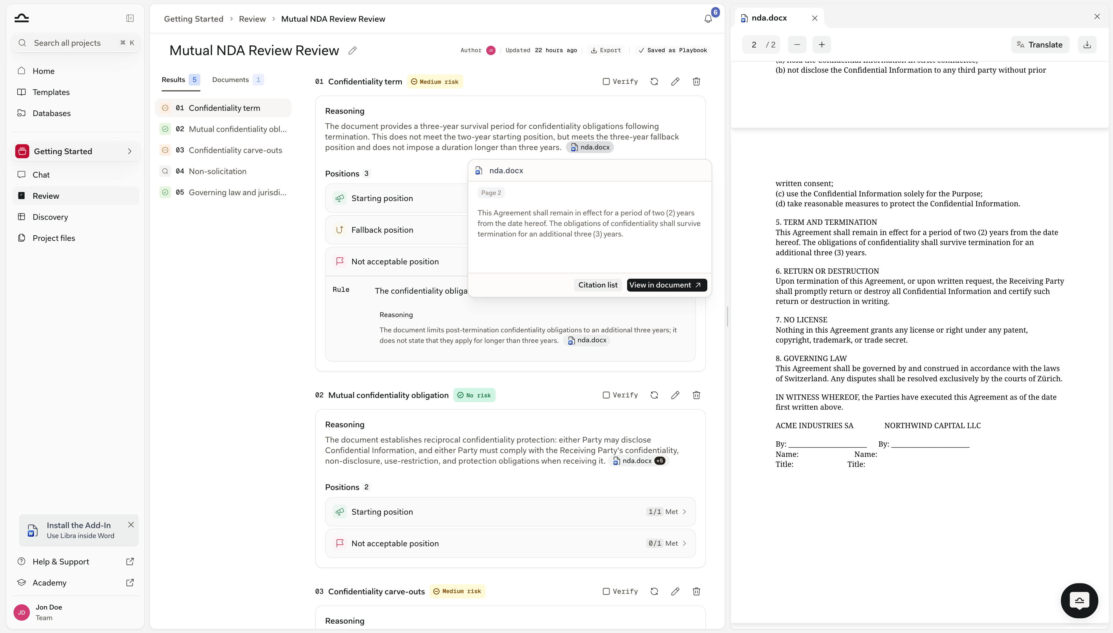 Geöffnete Hover-Karte an einer Inline-Zitat-Pille „Dokument” in einem Begründungsabsatz, mit dem zitierten Text und den Fußzeilen-Schaltflächen Im Dokument anzeigen / Zitationsliste