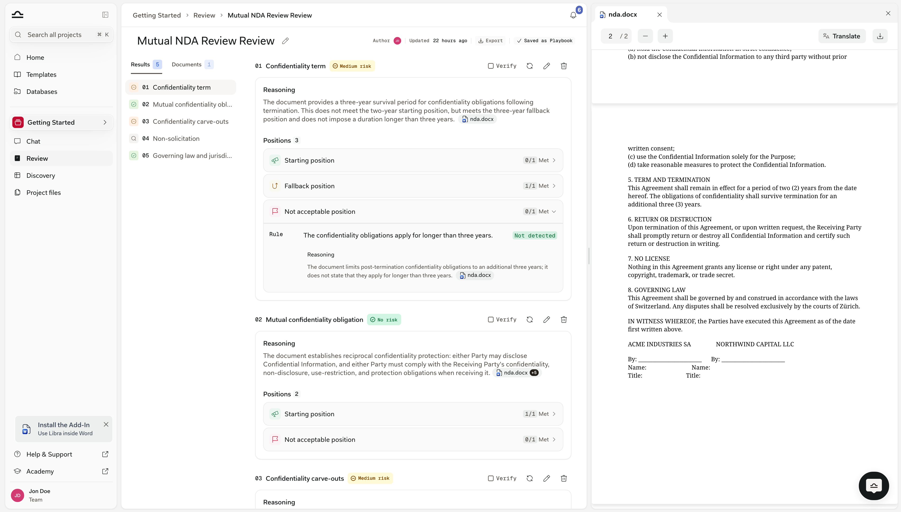 Eine aufgeklappte Nicht akzeptable Position, ihre Regel mit dem grünen Badge Nicht erkannt, dem Begründungsabsatz und der Zitat-Pille nda.docx