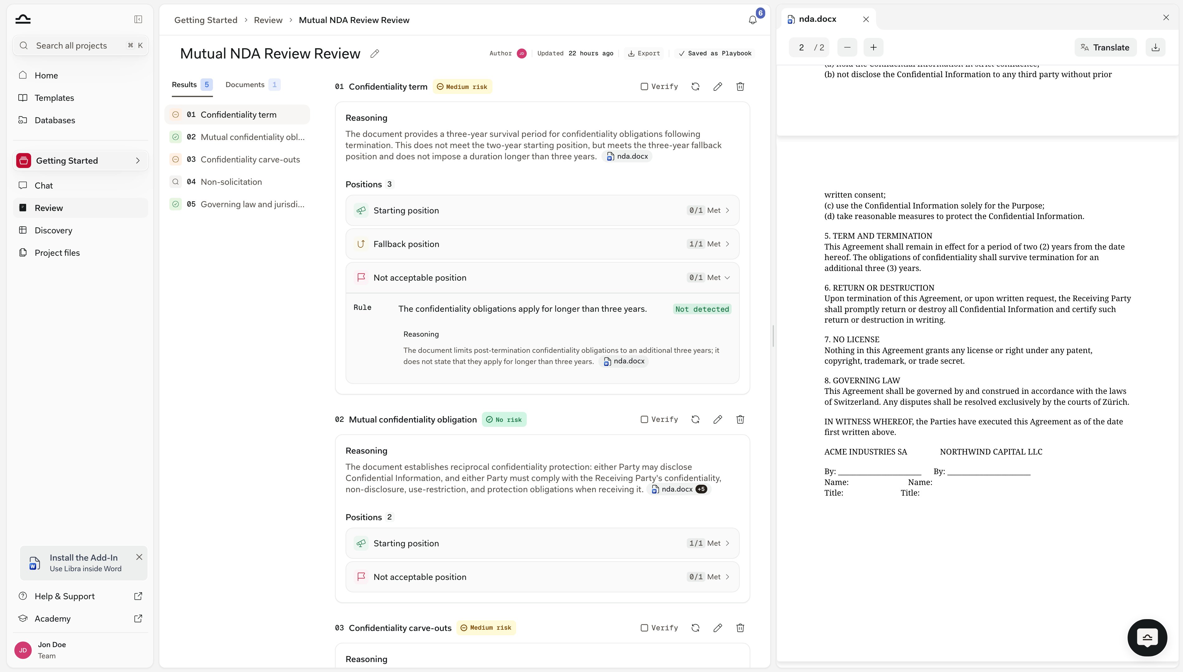 Eine aufgeklappte Nicht akzeptable Position, ihre Regel mit dem grünen Badge Nicht erkannt, dem Begründungsabsatz und der Zitat-Pille nda.docx