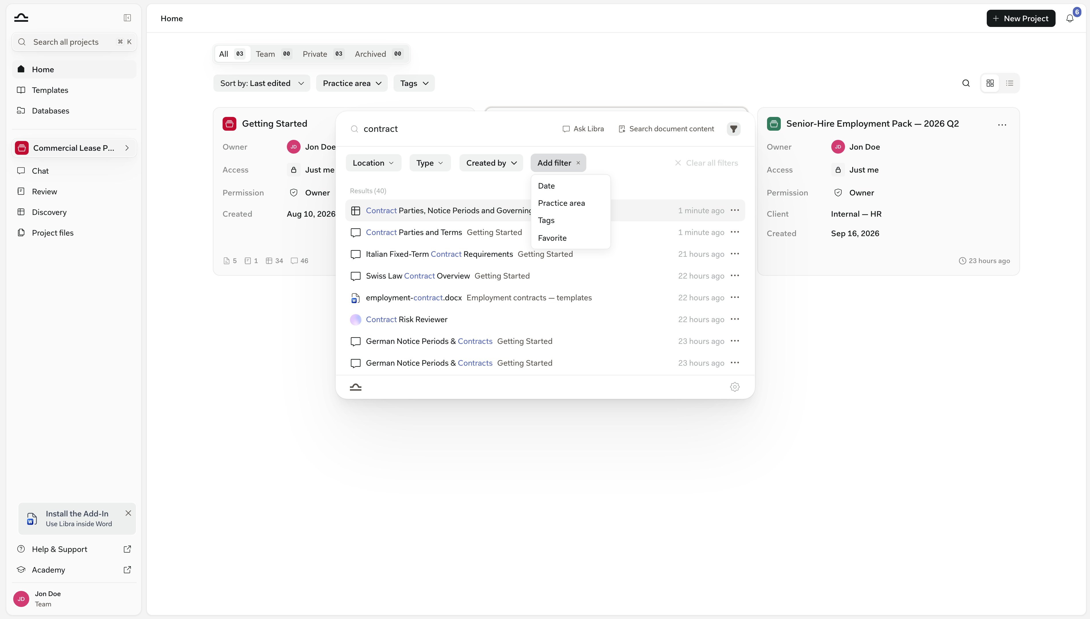 The search panel with a query typed, the filter bar showing Location, Type and Created by, and the Add filter menu open on Date, Practice area, Tags and Favorite