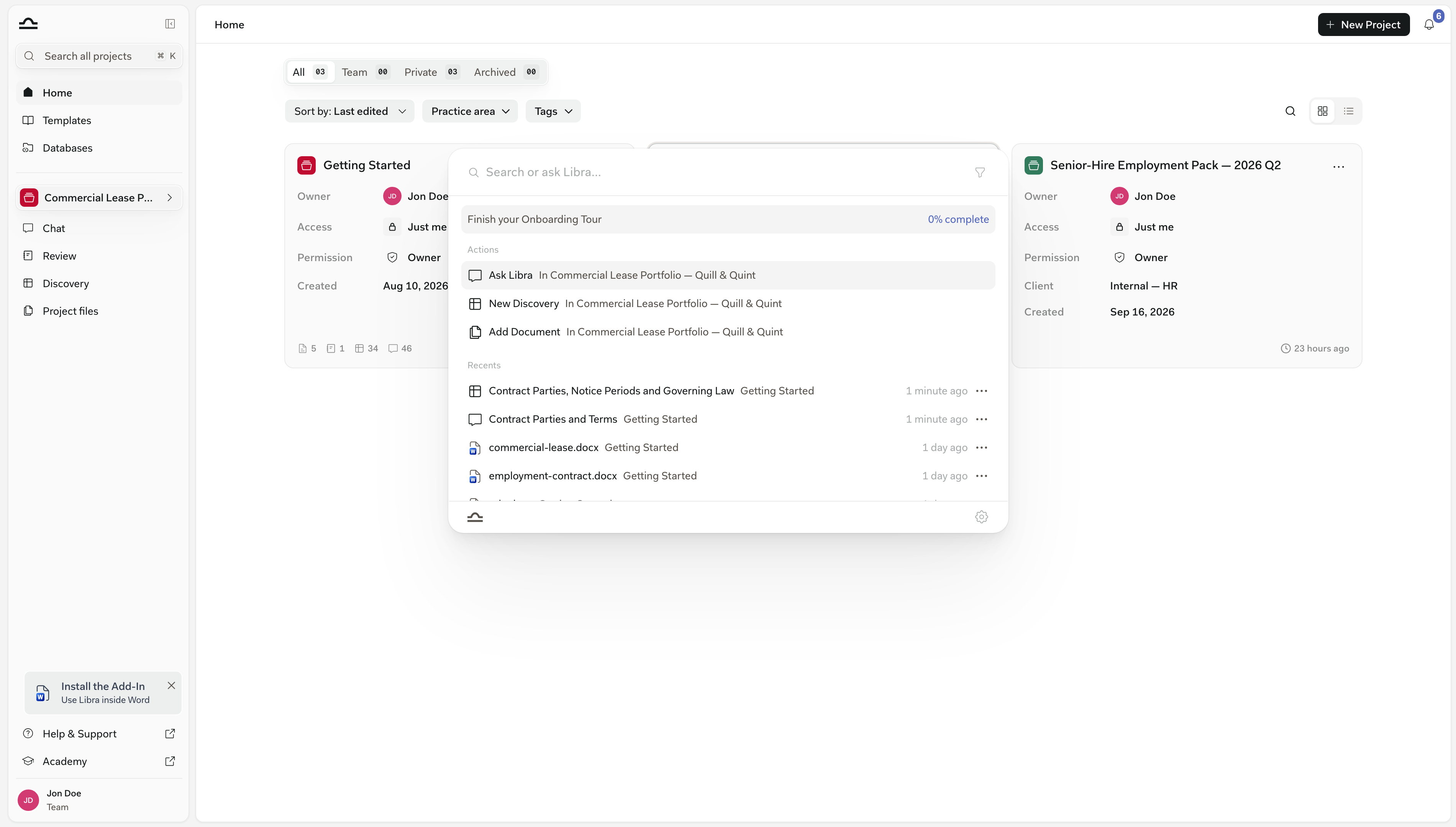 The ⌘K search panel just opened: empty input, the Actions group with Ask Libra, New Discovery and Add Document in the current project, and the Recents list below