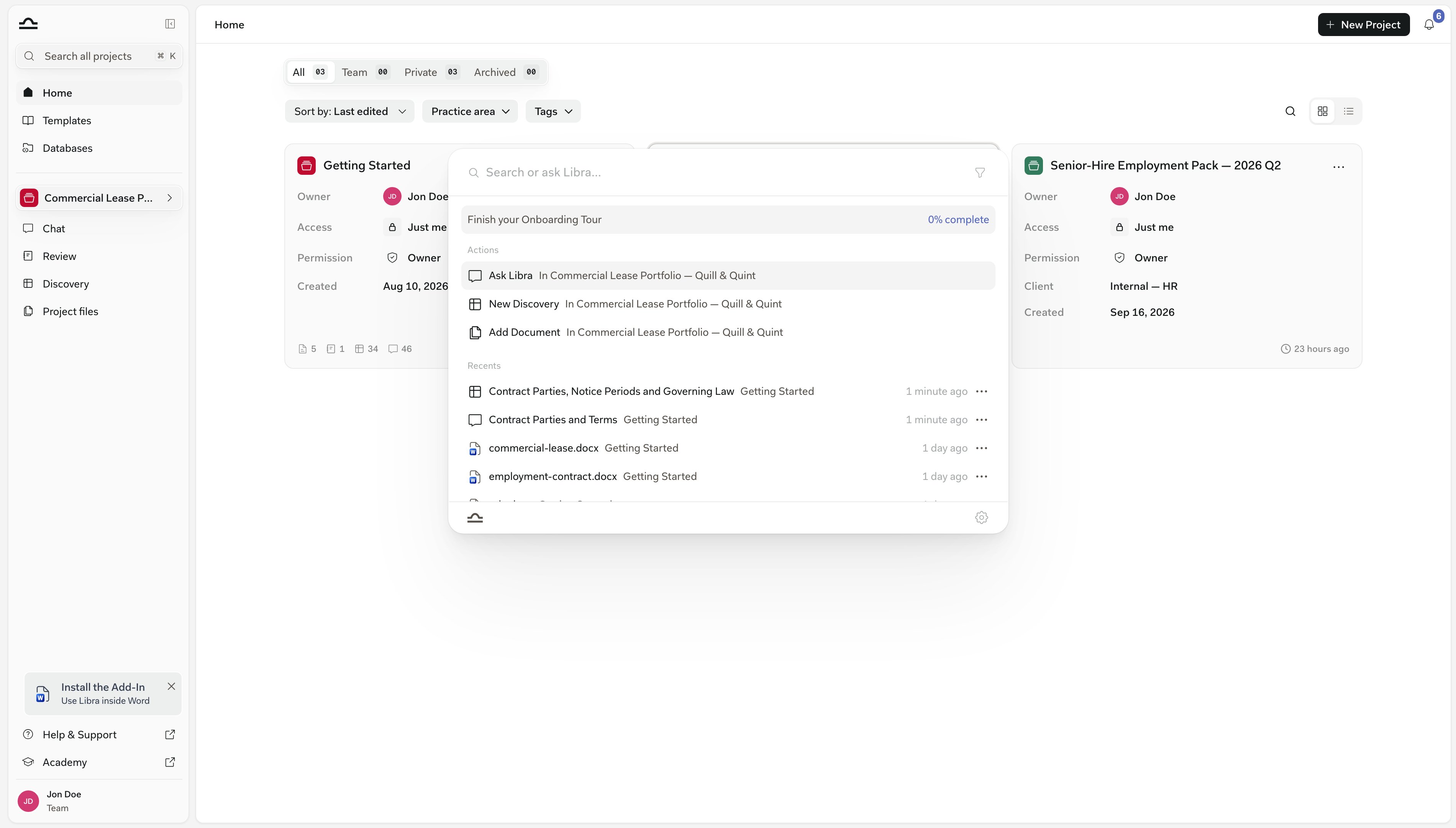 The ⌘K search panel just opened: empty input, the Actions group with Ask Libra, New Discovery and Add Document in the current project, and the Recents list below