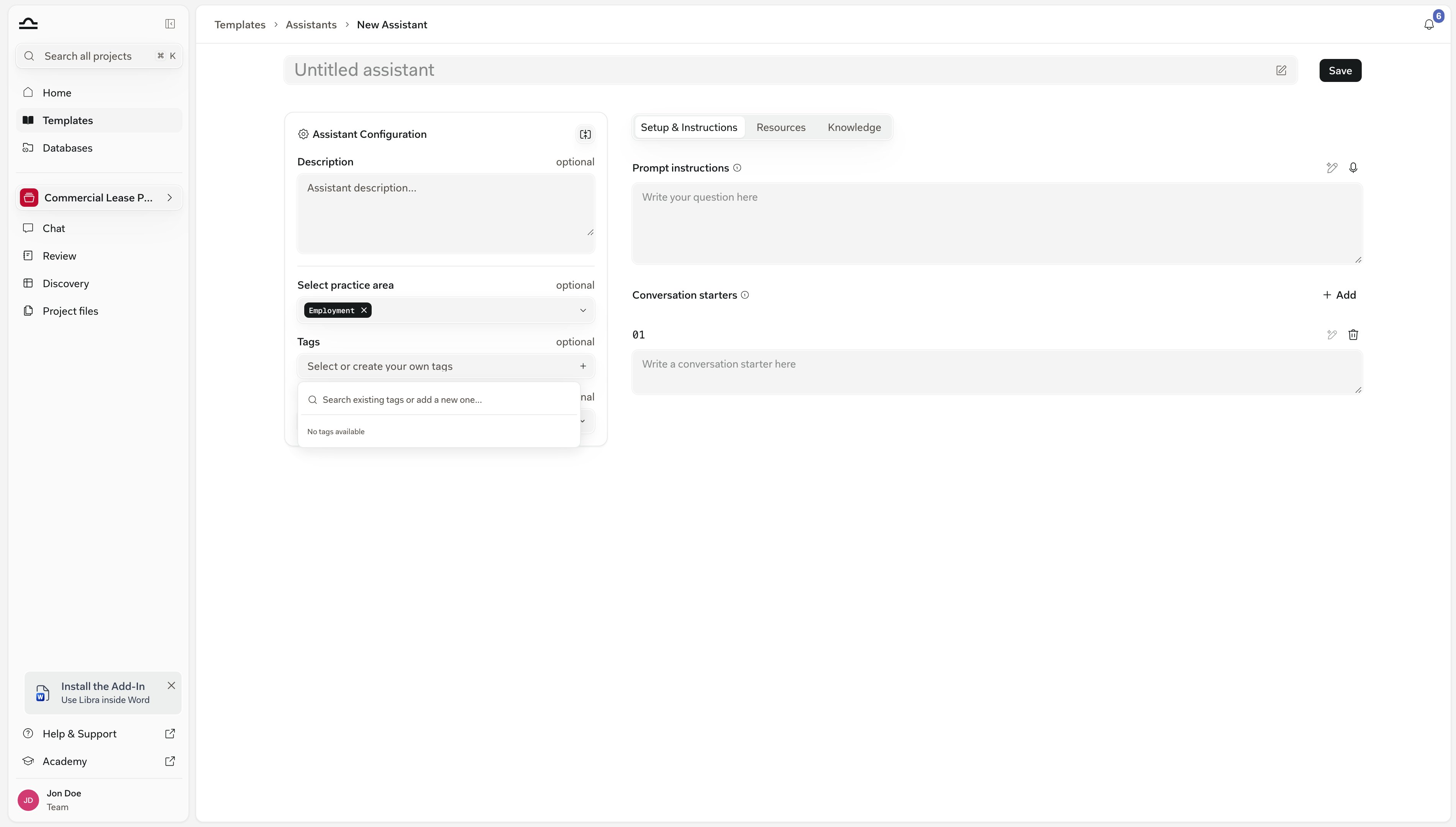 Konfigurationsbereich eines Vorlagen-Editors mit den Dropdowns Rechtsgebiet und Tags