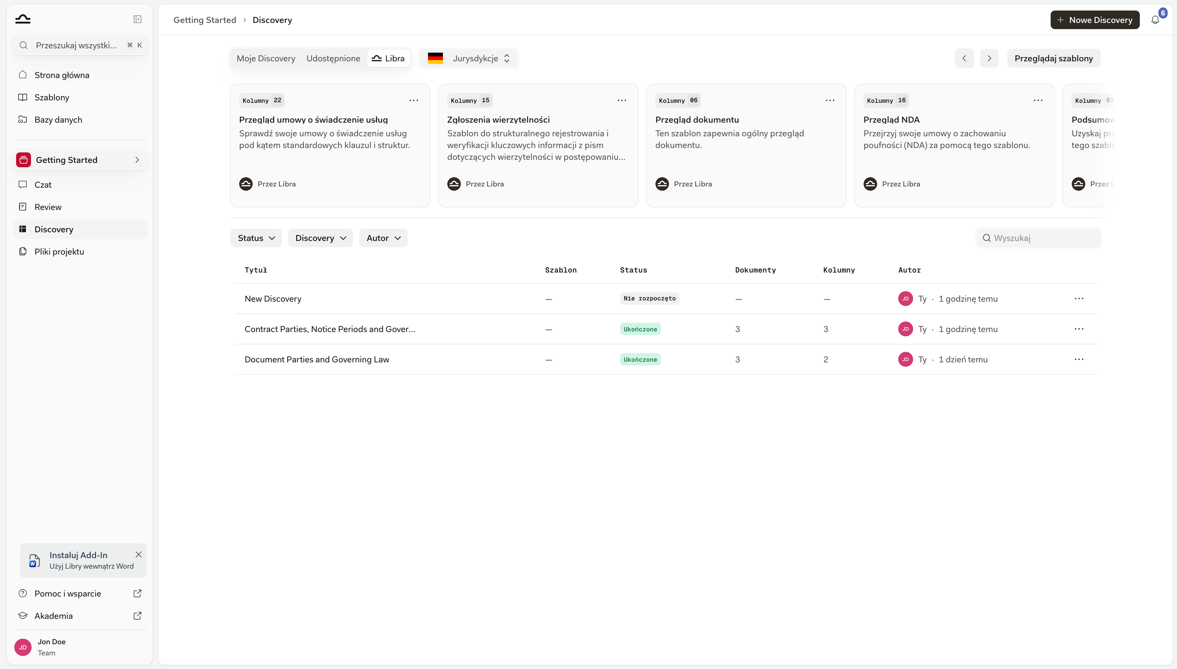 Sekcja Discovery z podświetlonym przyciskiem Nowe Discovery