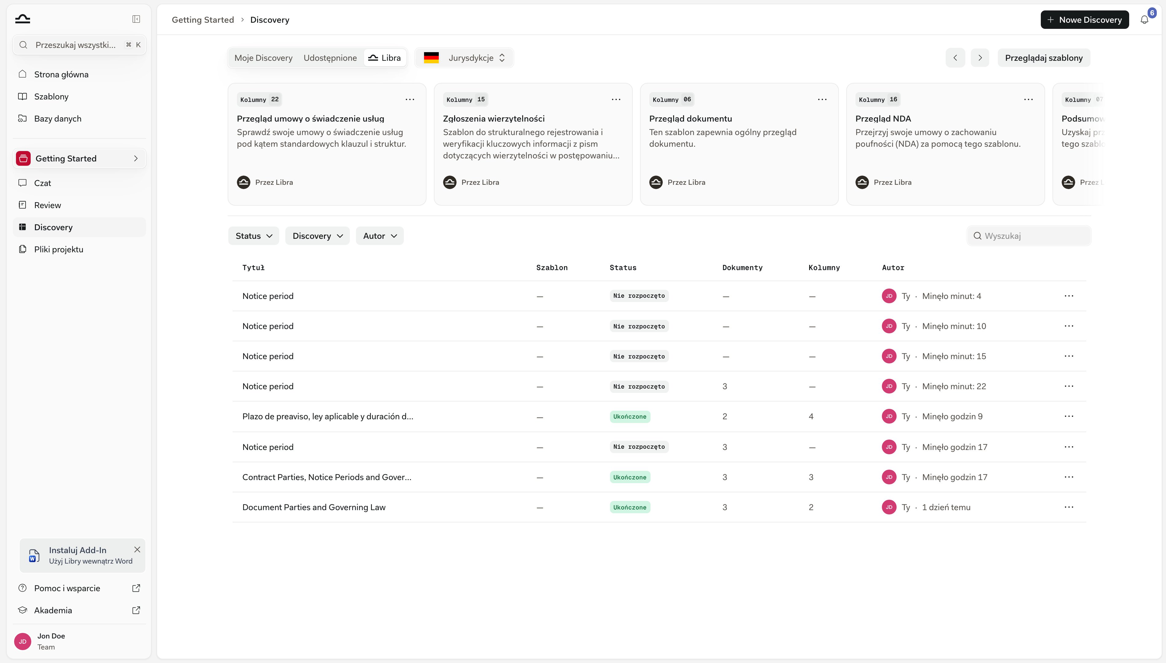 Zakładka Libra na stronie Discovery w projekcie z szablonami Discovery w formie kart, z plakietkami liczby kolumn i wierszami autora
