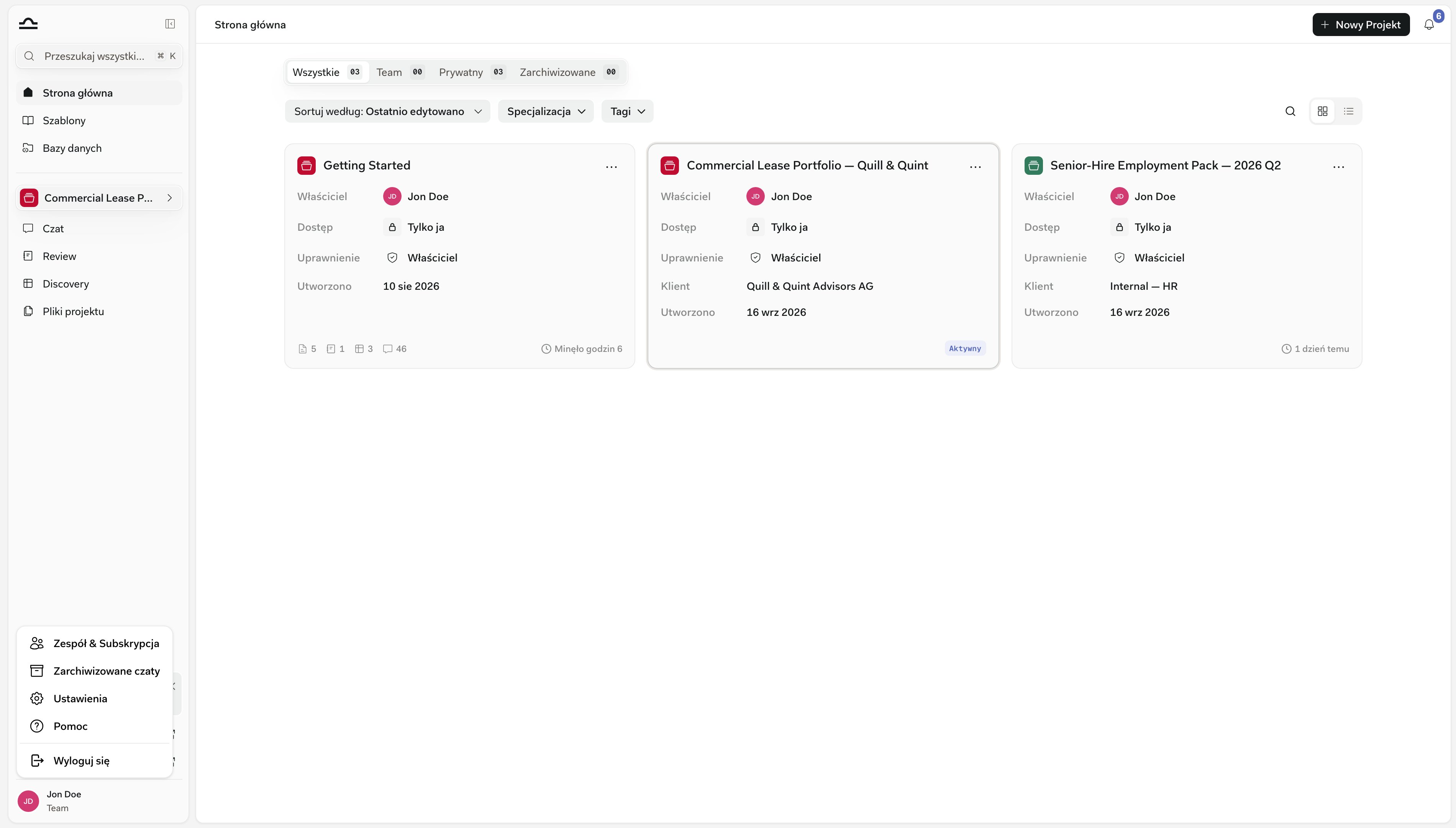 Menu profilu widoczne u dołu paska bocznego, przedstawiające opcje Zespół i subskrypcja, Zarchiwizowane Chats, Ustawienia, Pomoc i Wyloguj się