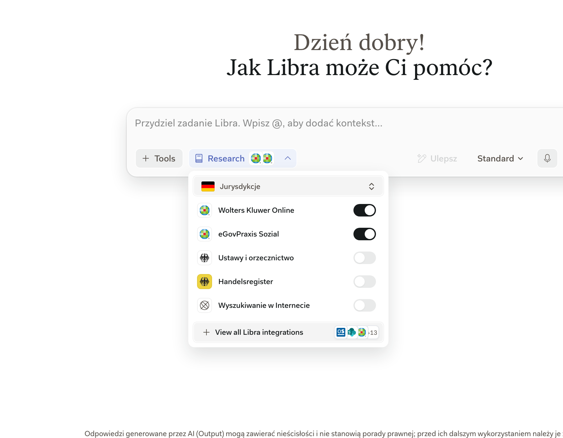 Otwarty panel Wyszukiwanie w polu wprowadzania, z wierszem Wolters Kluwer Online i jego przełącznikiem nad pozostałymi źródłami niemieckimi i szwajcarskimi