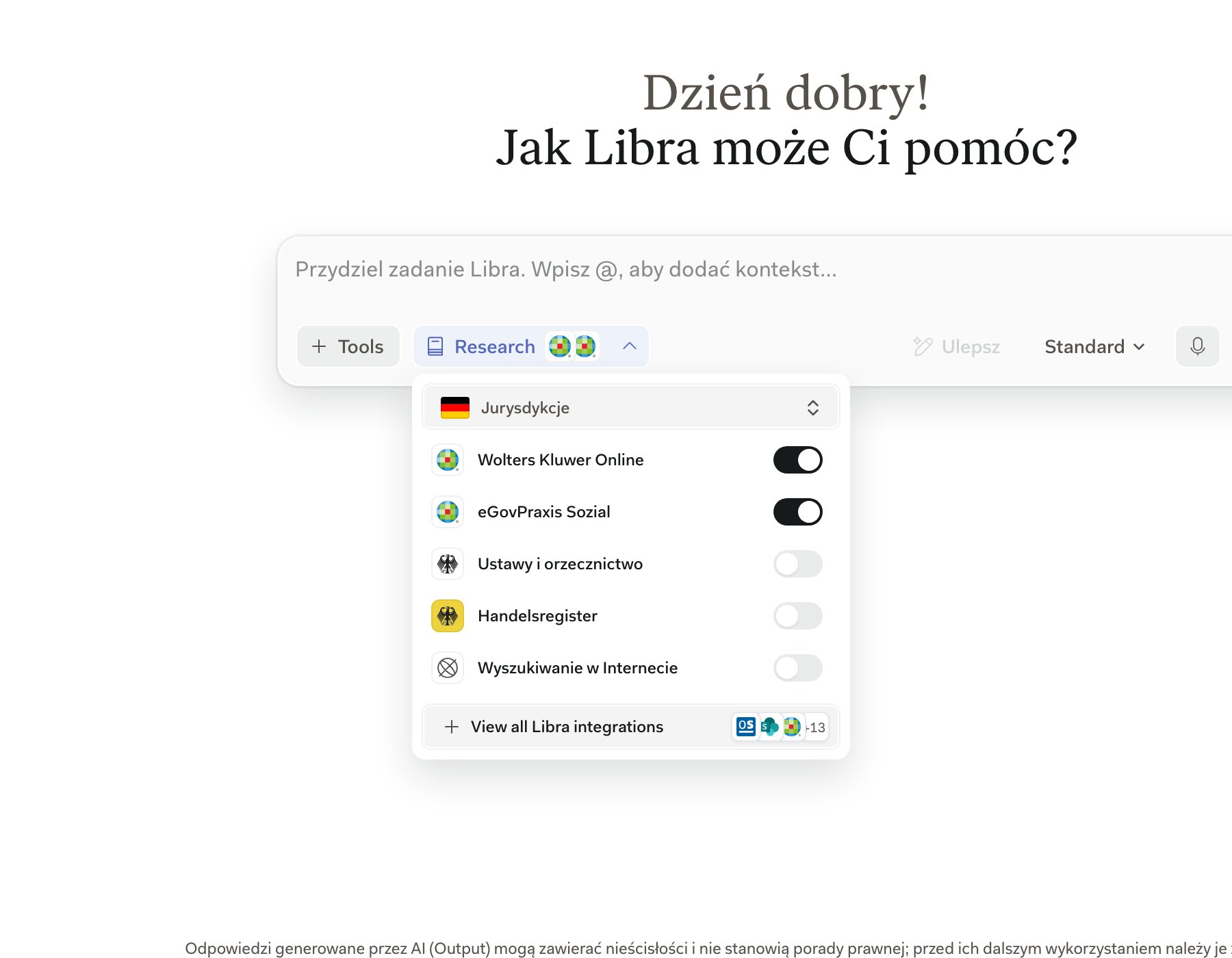 Otwarty panel Wyszukiwanie w polu wprowadzania, z wierszem Wolters Kluwer Online i jego przełącznikiem nad pozostałymi źródłami niemieckimi i szwajcarskimi