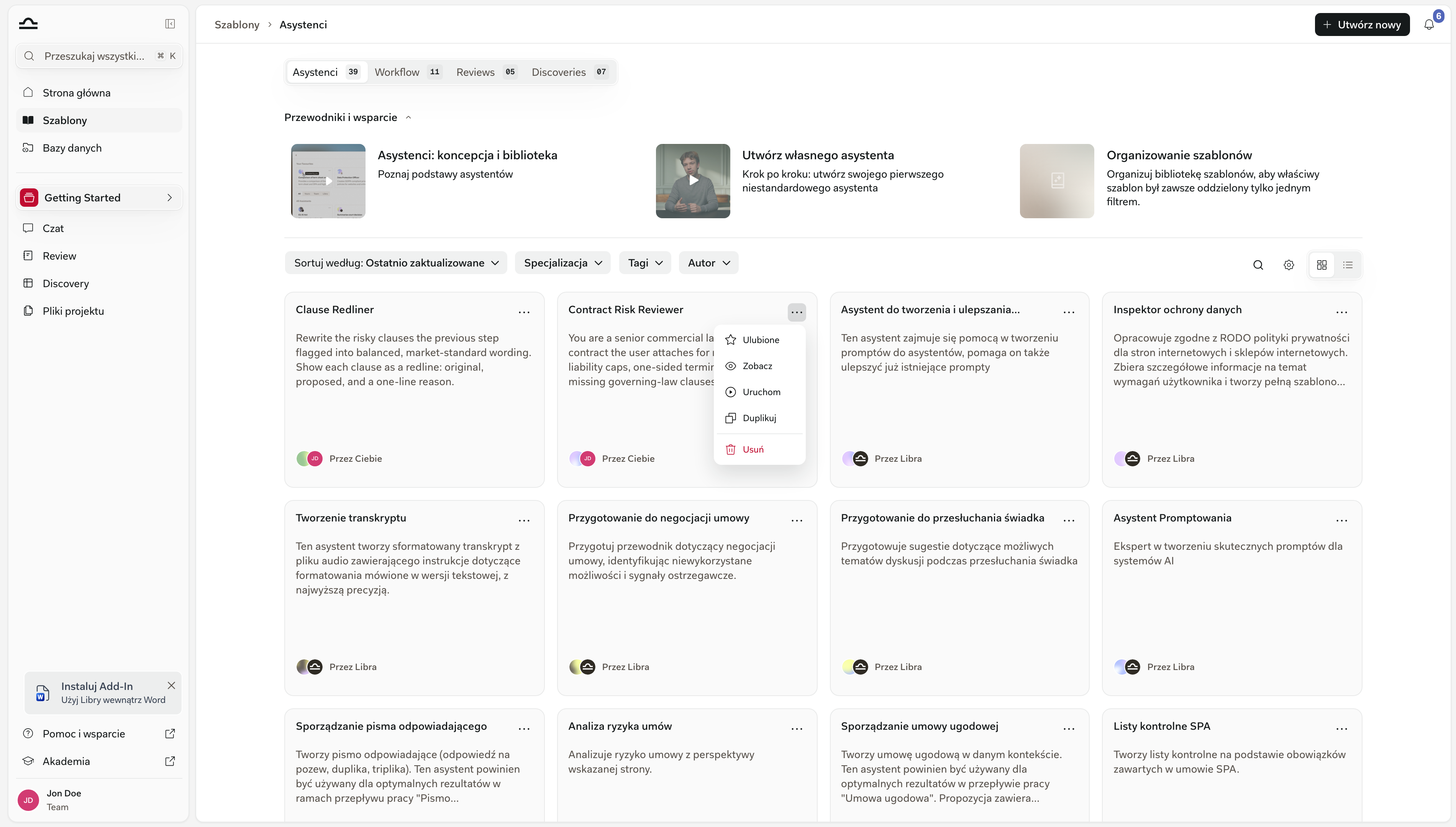 Karta szablonu z otwartym menu Więcej opcji, pokazującym opcje Dodaj do ulubionych, Wyświetl, Uruchom, Duplikuj i Usuń