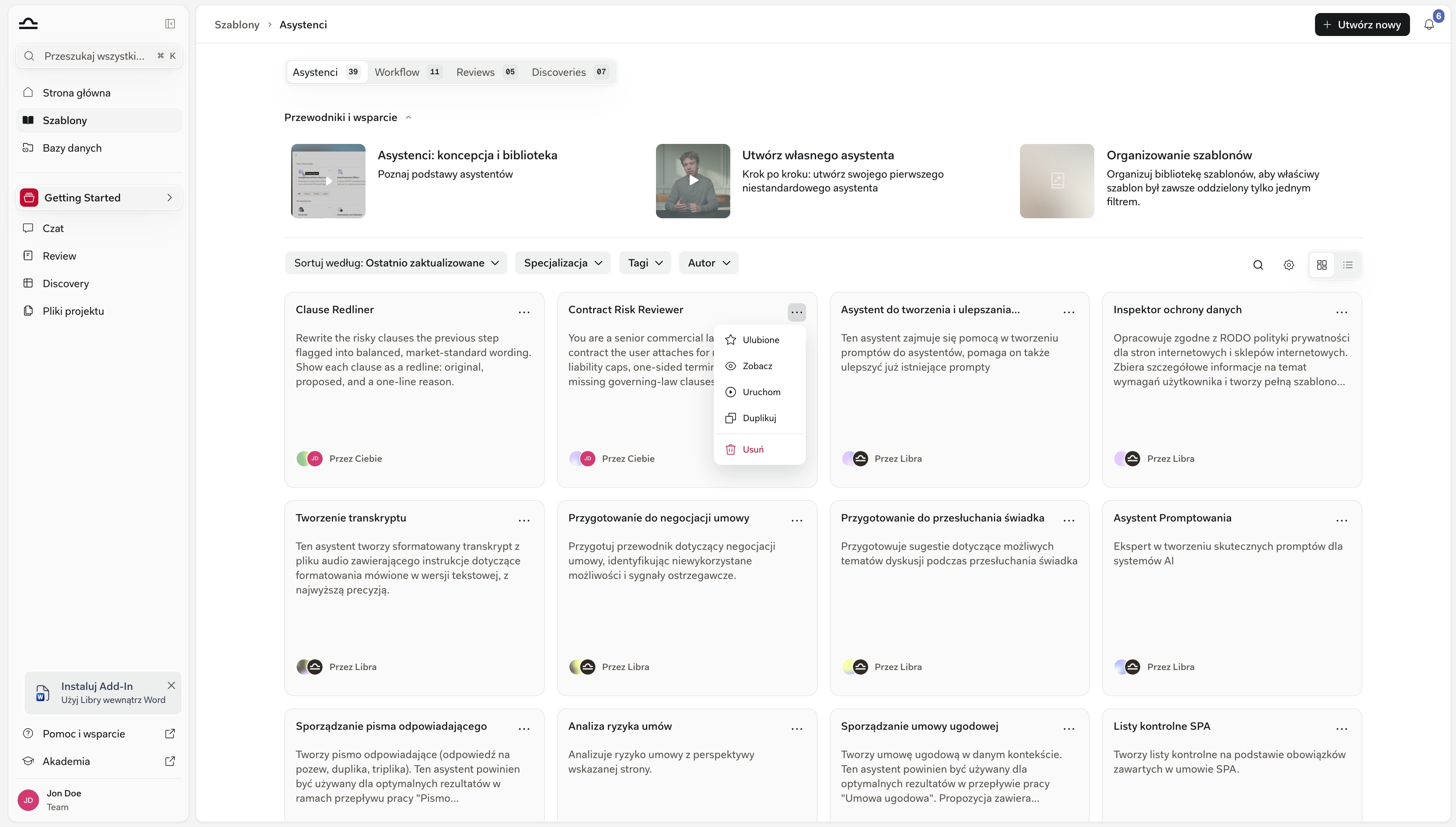 Karta szablonu z otwartym menu Więcej opcji, pokazującym opcje Dodaj do ulubionych, Wyświetl, Uruchom, Duplikuj i Usuń