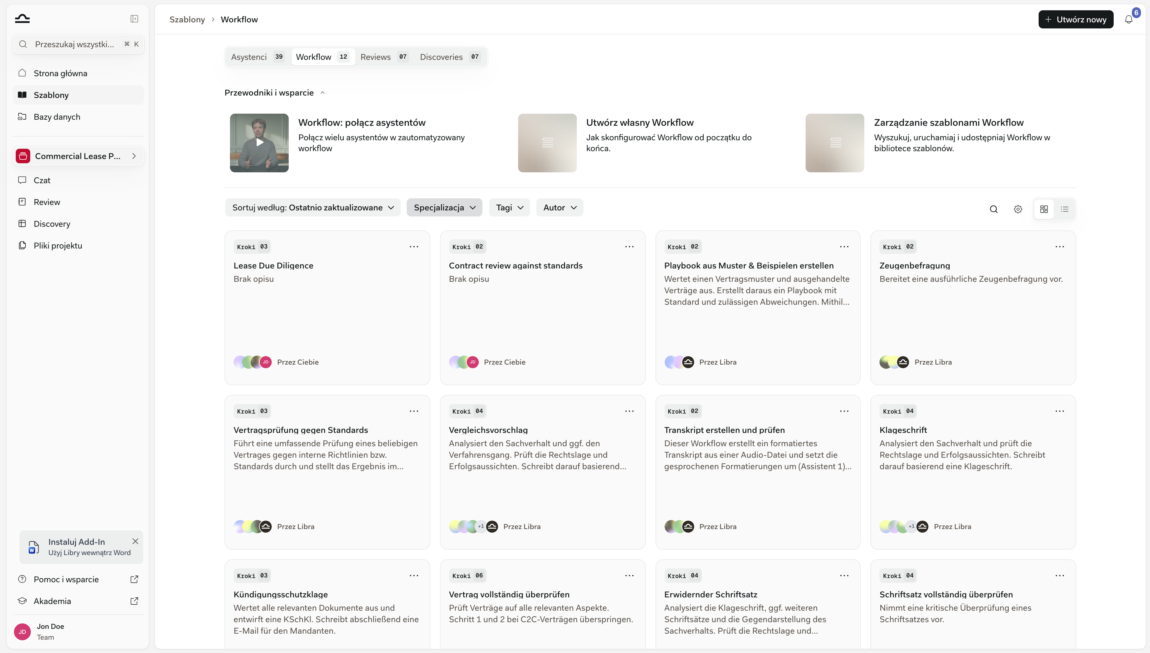 Biblioteka Szablonów otwarta na karcie Workflows, z kartami Workflow i liczbą ich kroków oraz przyciskiem Utwórz nowy w prawym górnym rogu