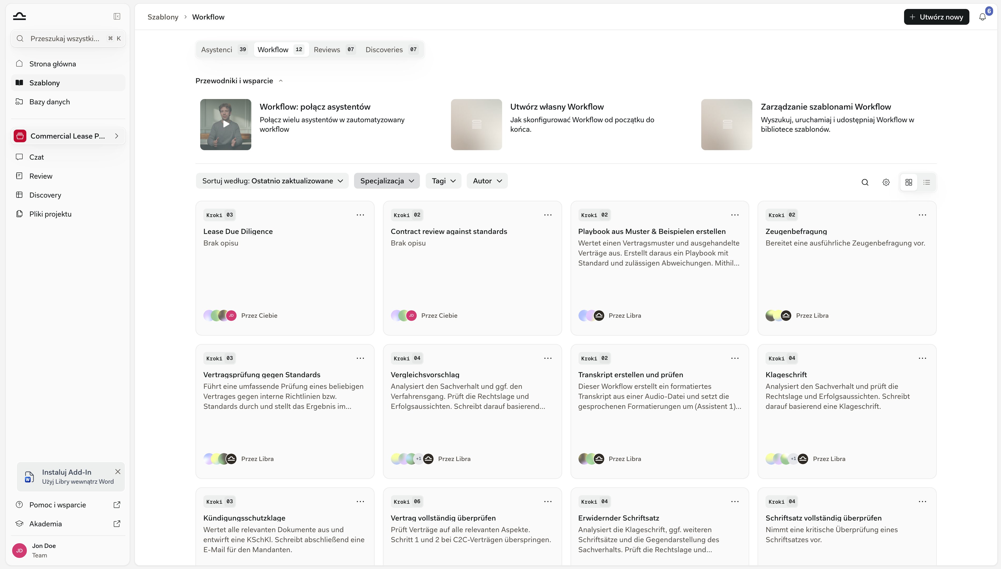 Biblioteka Szablonów otwarta na karcie Workflows, z kartami Workflow i liczbą ich kroków oraz przyciskiem Utwórz nowy w prawym górnym rogu