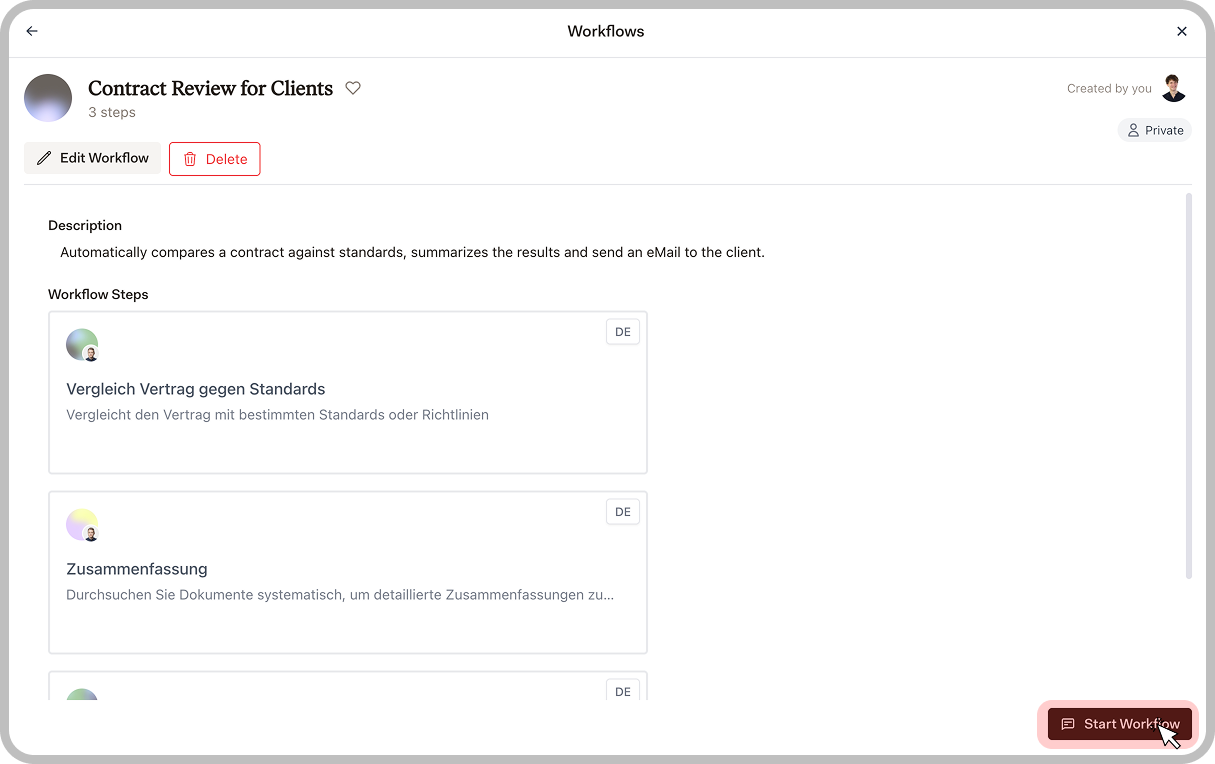 Workflow detail page with Start Workflow button
