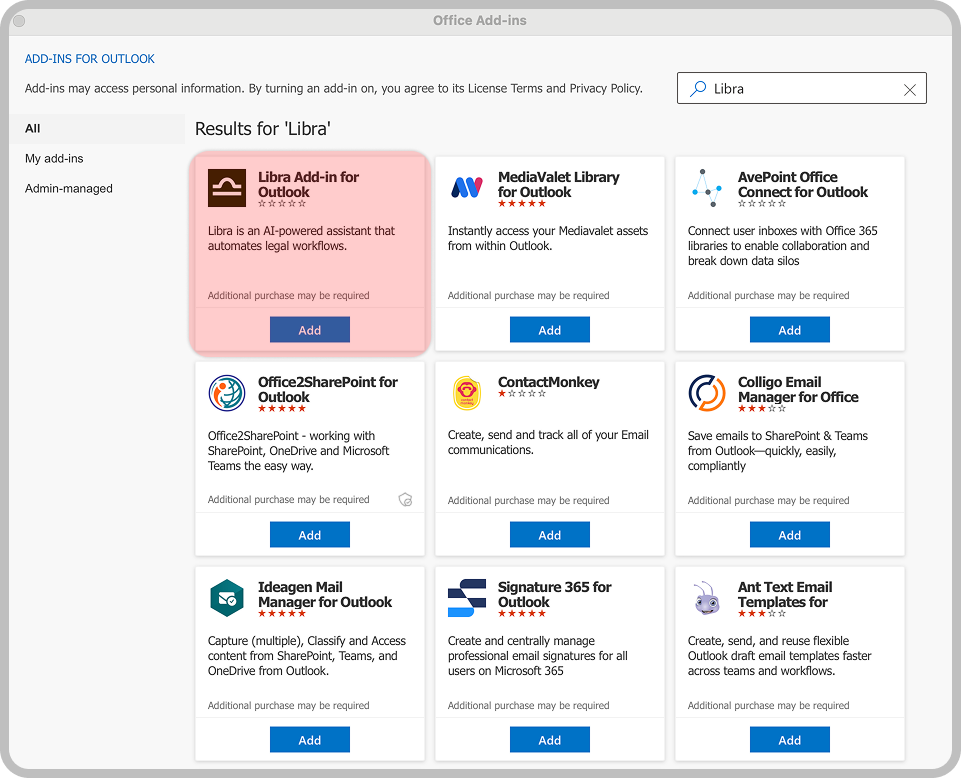 Office Add-ins store showing Libra Add-in for Outlook in search results