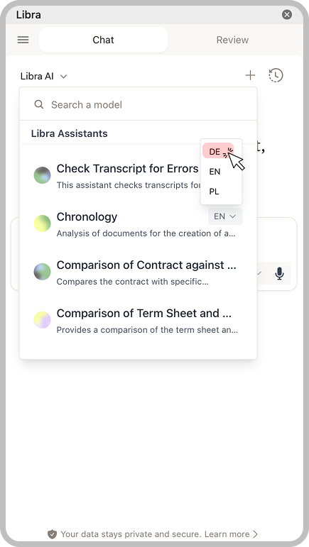 Language selector showing DE, EN, and PL options for an Assistant