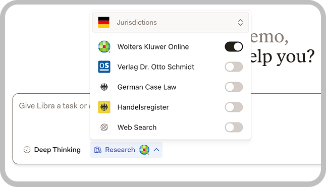 Research Mode configuration showing available data sources including Otto Schmidt, German Case Law, and more