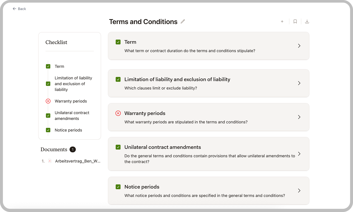 Review results view showing analyzed document with findings