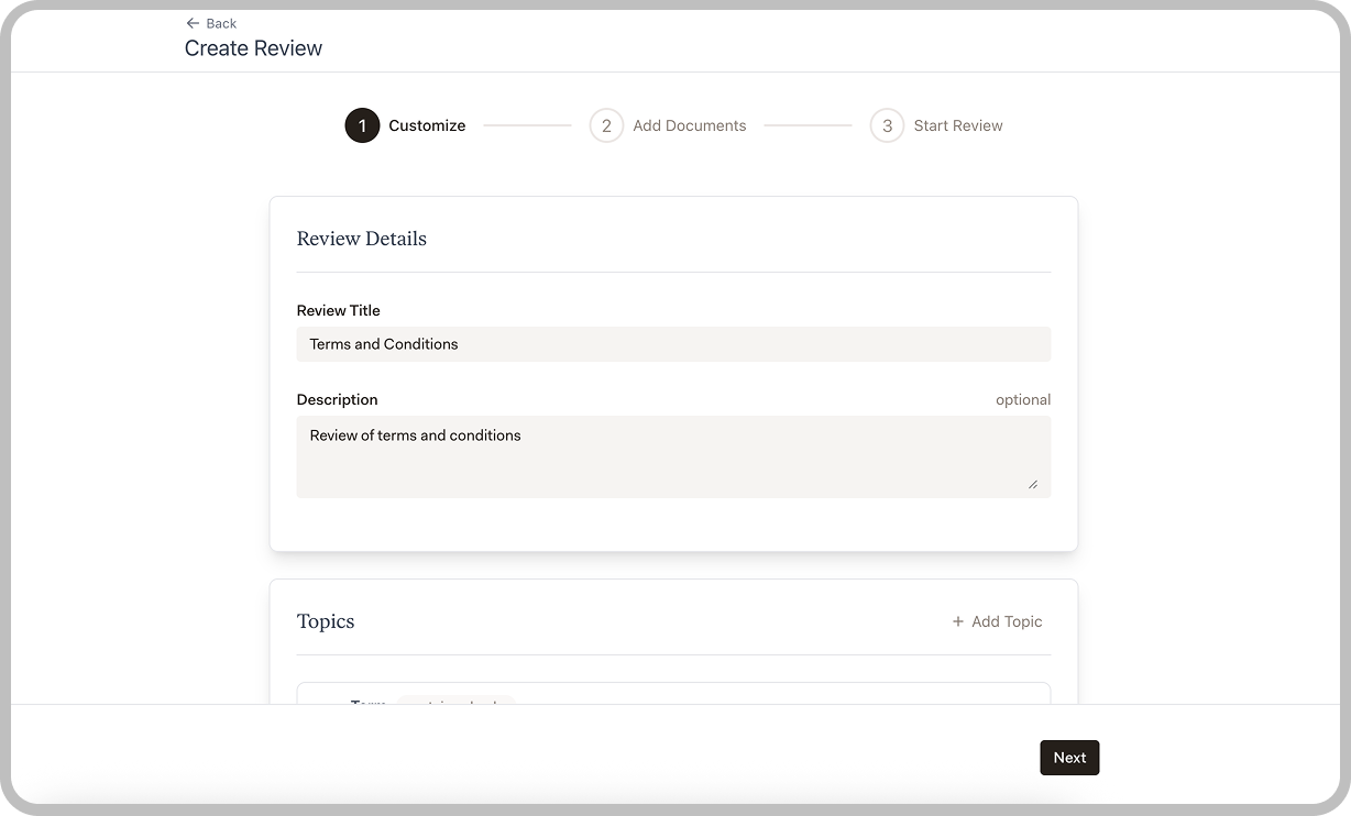 Create Review wizard Step 1 showing template customization with review title, description, and topics