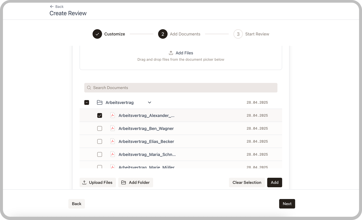 Create Review wizard Step 2 showing document selection with file browser
