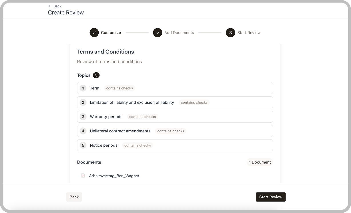 Create Review wizard Step 3 showing summary of topics and documents before starting