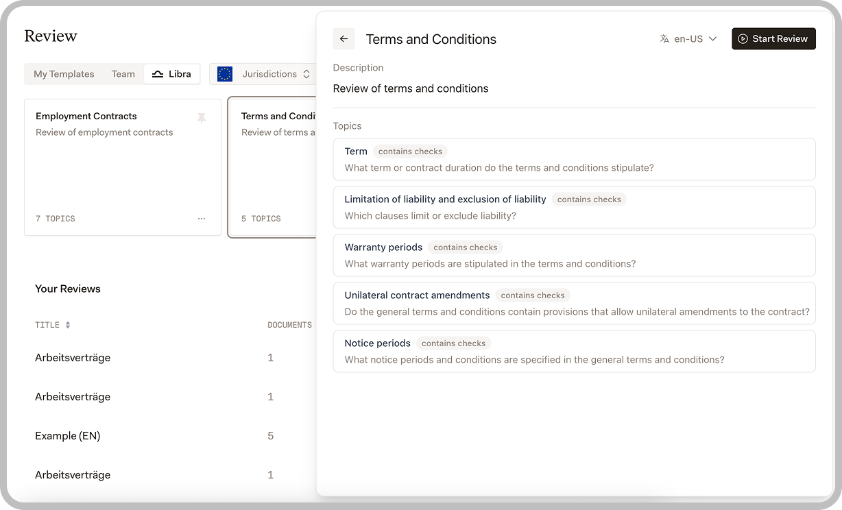 Review Template Library showing categories with options to filter by All, Yours, Team, and Libra