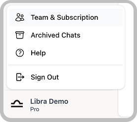 Team & Subscription option in settings menu