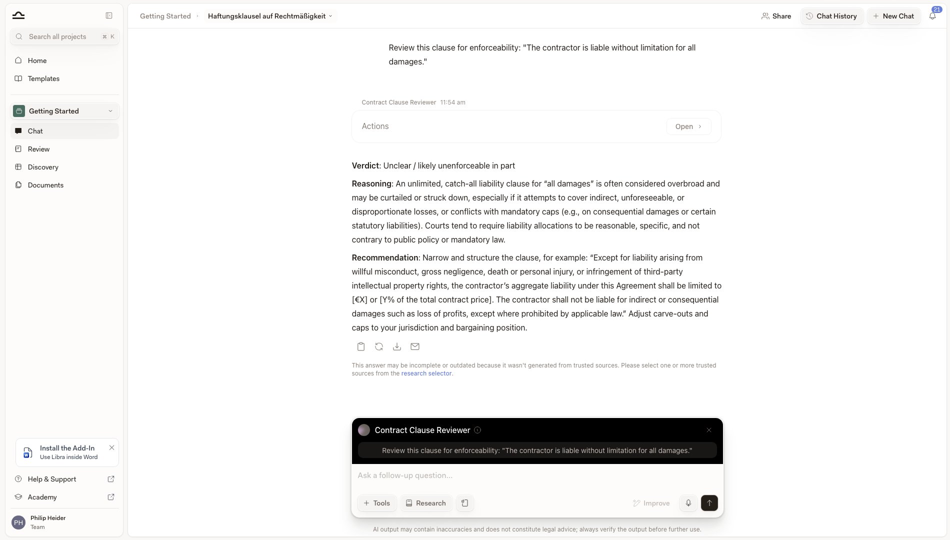 Assistant reply labelled with the Assistant's name, with the Assistant still attached to the composer