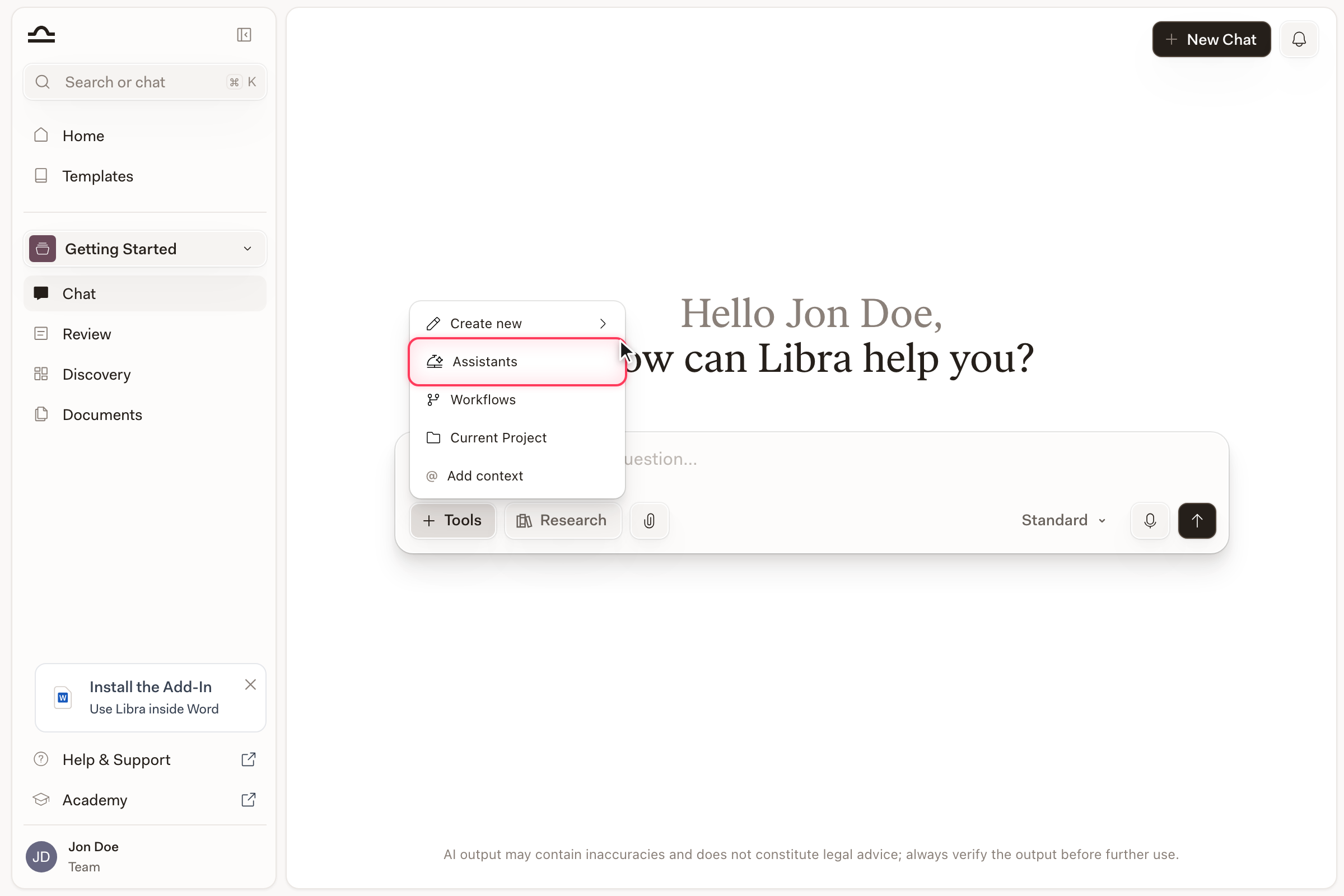 Tools menu open in a Libra chat with the Assistants entry highlighted