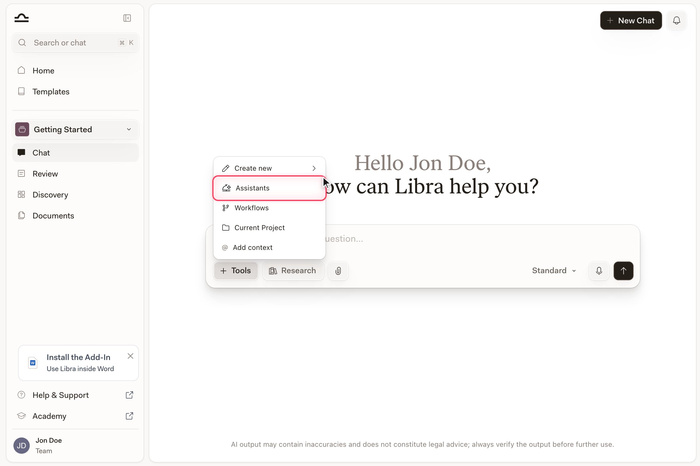 Tools menu open in a Libra chat with the Assistants entry highlighted