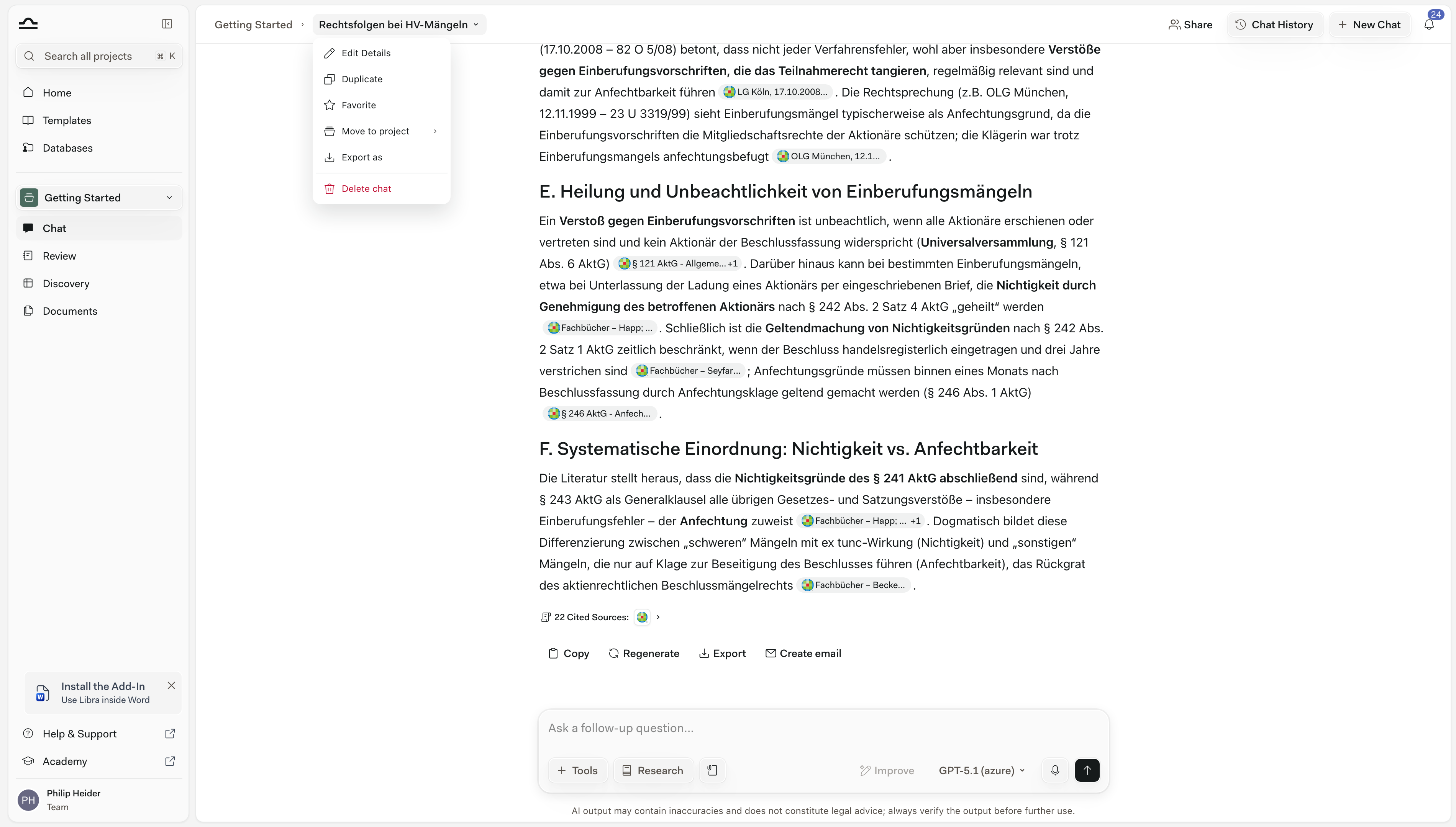 Das Menü „Chat-Aktionen” des Chats: Details bearbeiten, Duplizieren, Favorit, In Projekt verschieben, Exportieren als und Chat löschen