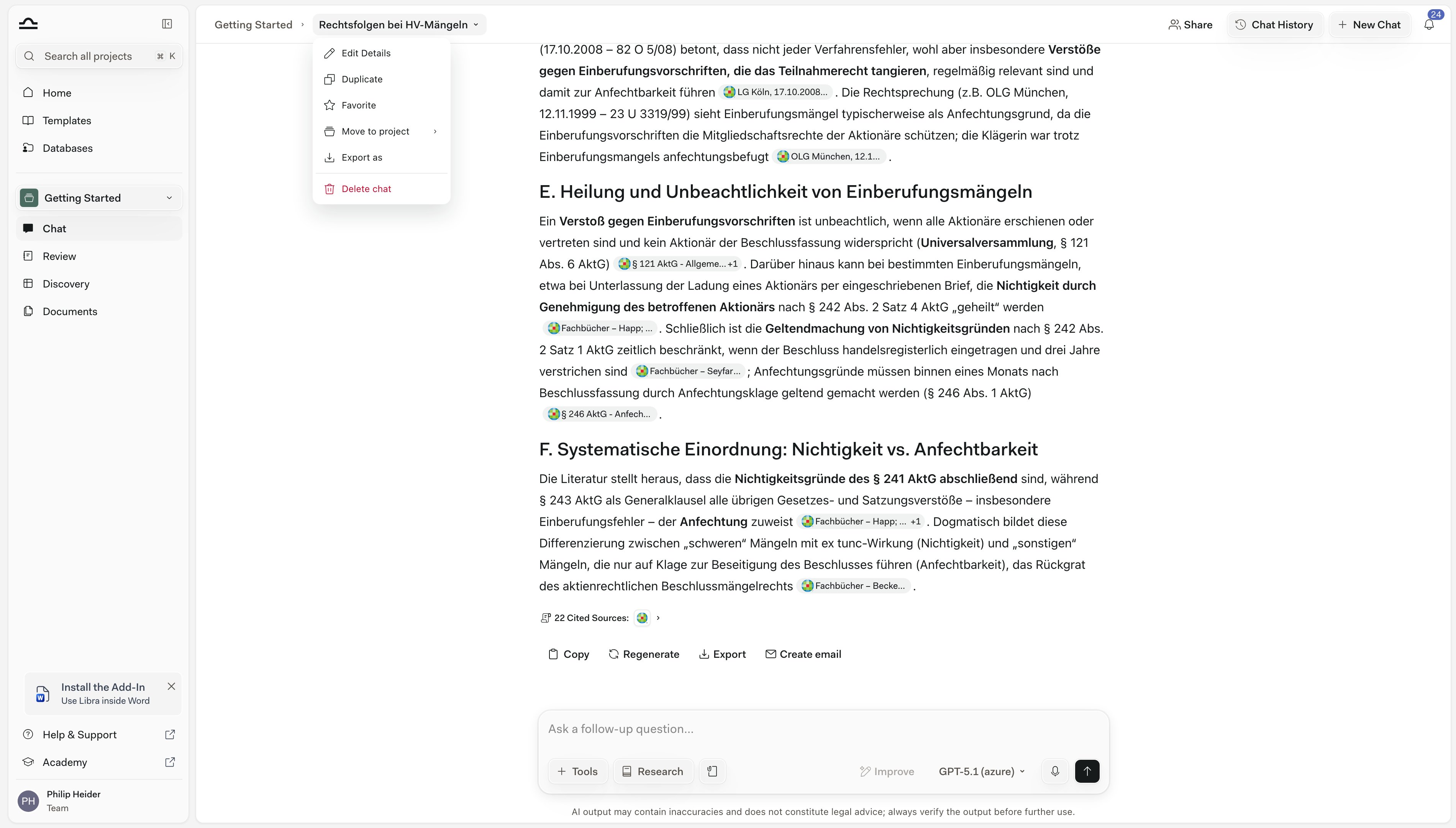 Das Menü „Chat-Aktionen” des Chats: Details bearbeiten, Duplizieren, Favorit, In Projekt verschieben, Exportieren als und Chat löschen