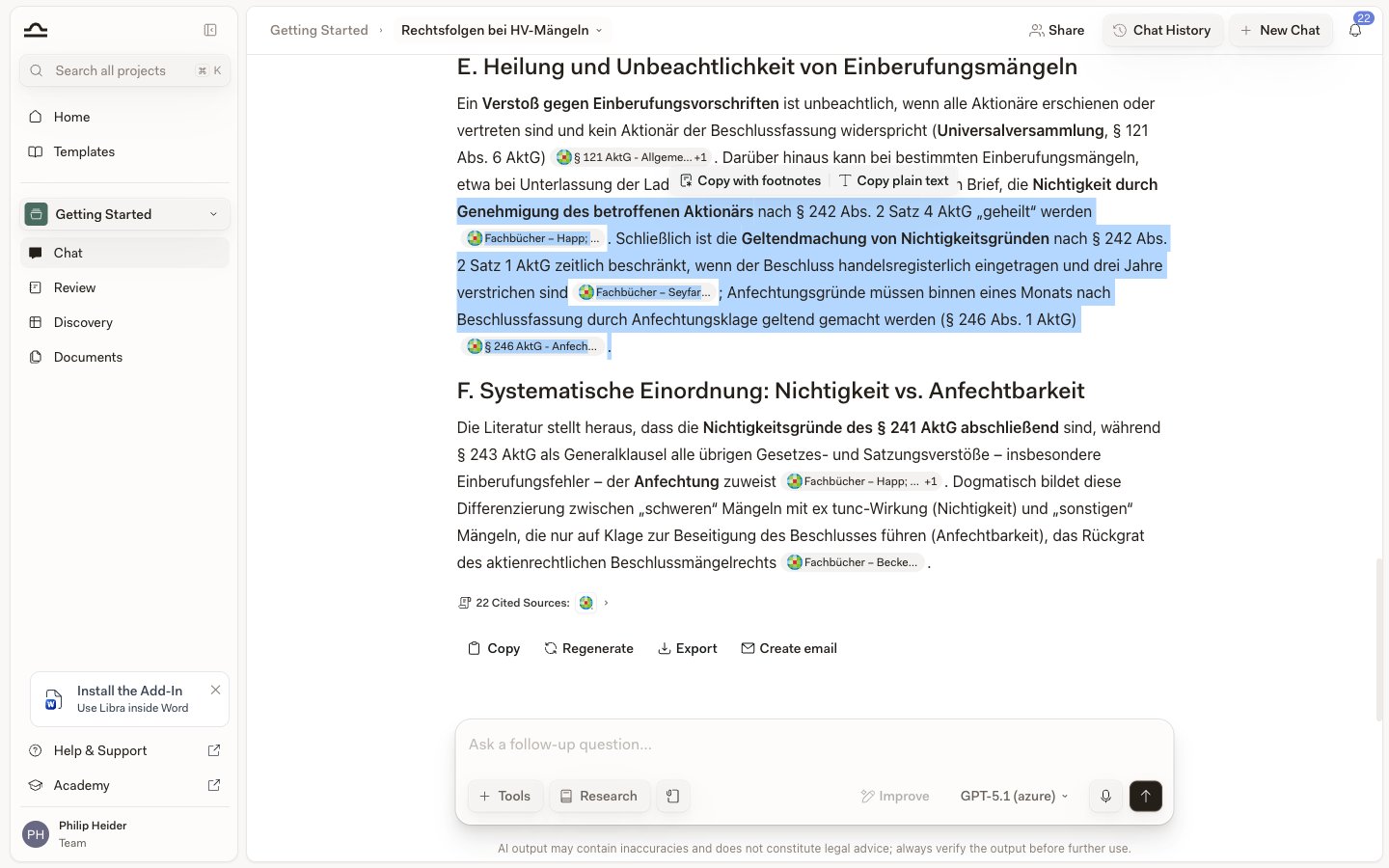 Markierter Antworttext mit einer Symbolleiste, die Mit Fußnoten kopieren und Als reinen Text kopieren anbietet