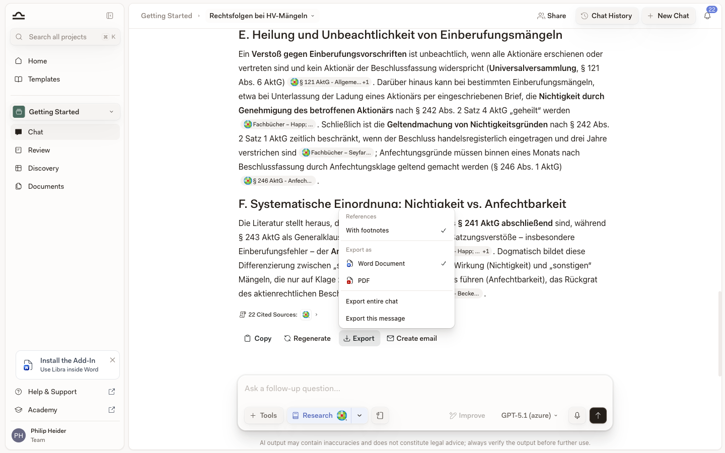 Export-Dropdown mit der Einstellung Quellenangaben (Mit Fußnoten) über Exportieren als Word-Dokument oder PDF