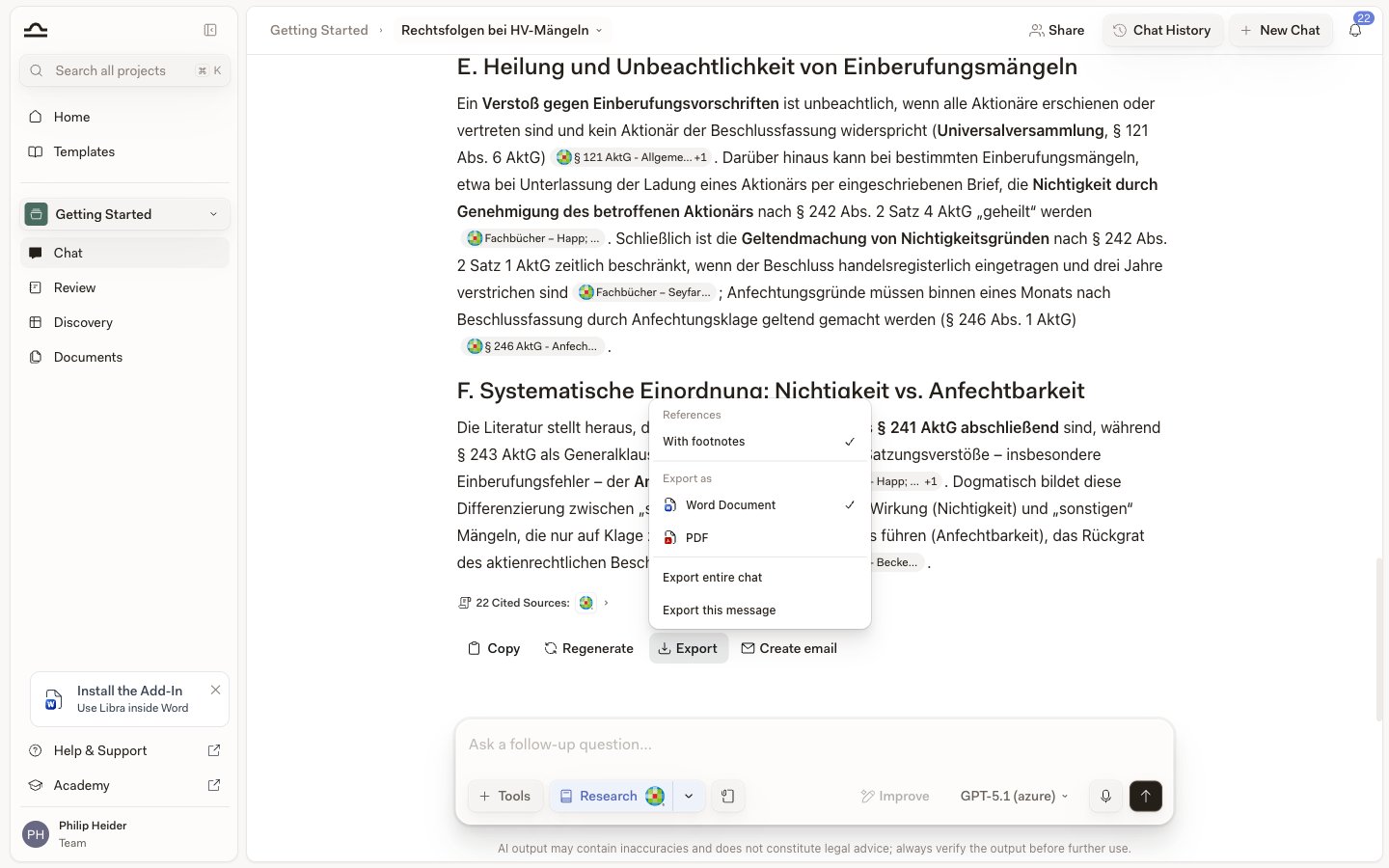 Export-Dropdown mit der Einstellung Quellenangaben (Mit Fußnoten) über Exportieren als Word-Dokument oder PDF
