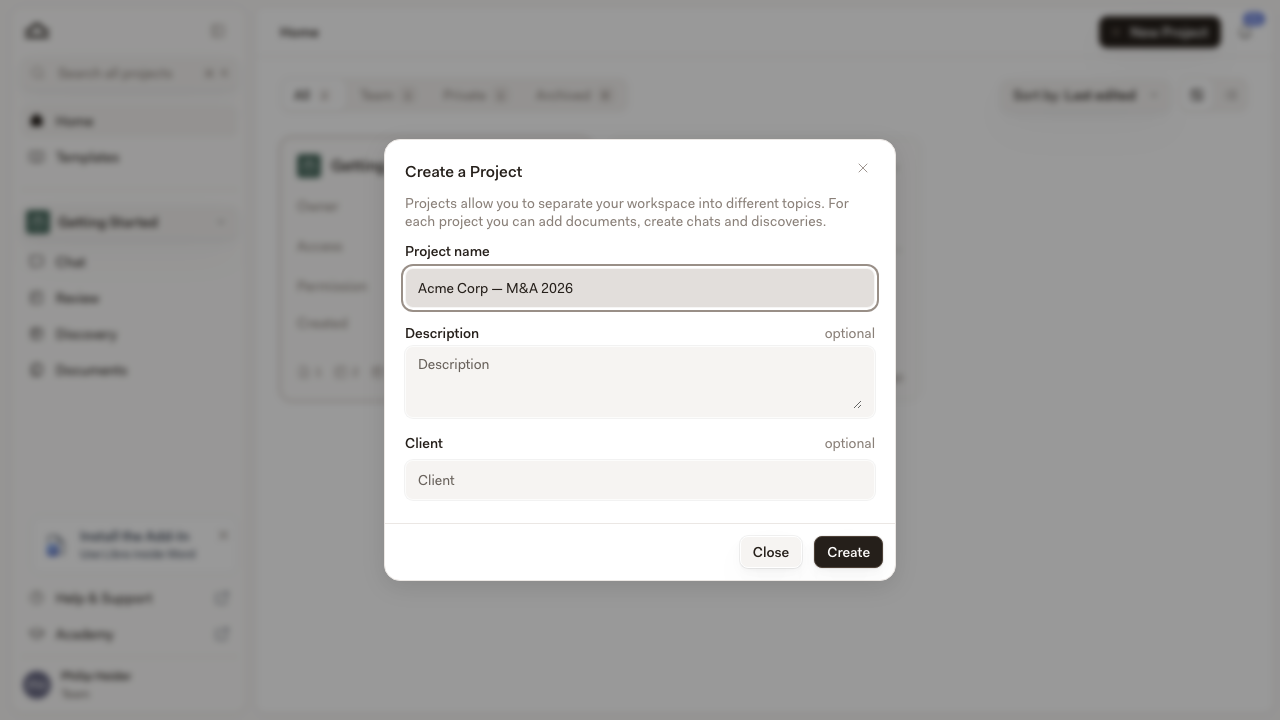 Create a Project dialog showing the project name, description, client, and practice area fields