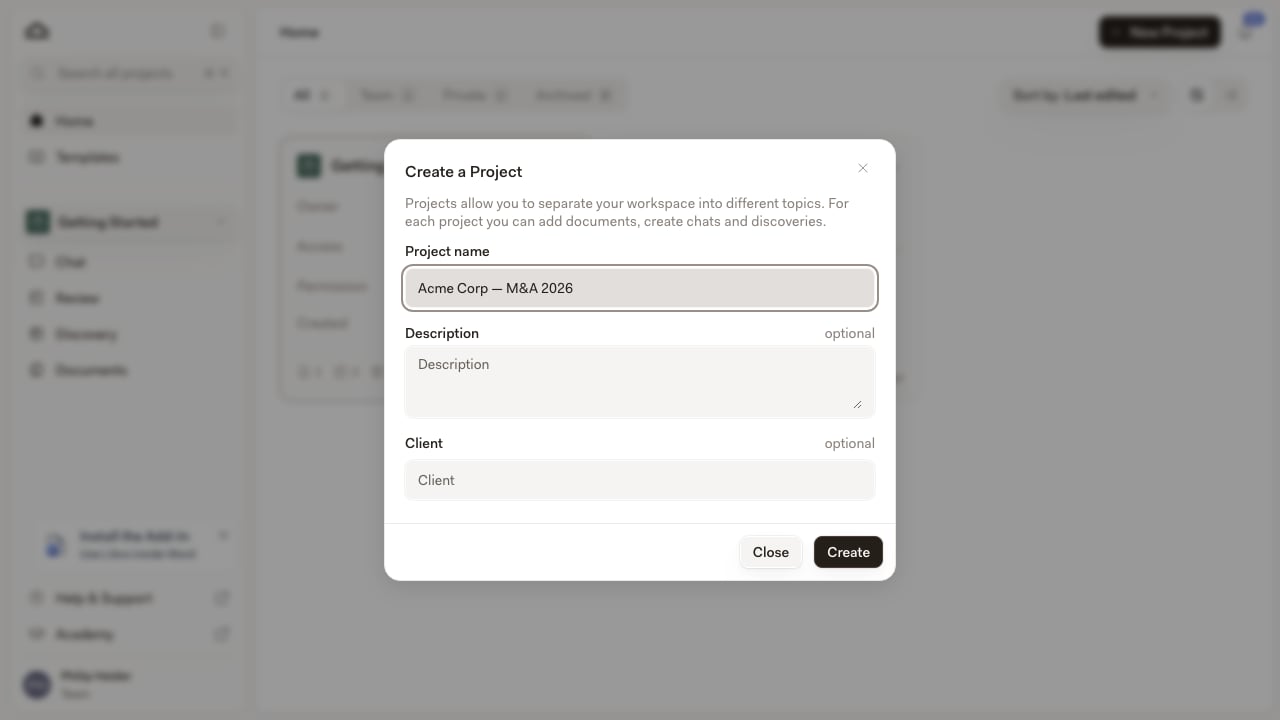 Create a Project dialog showing the project name, description, client, and practice area fields