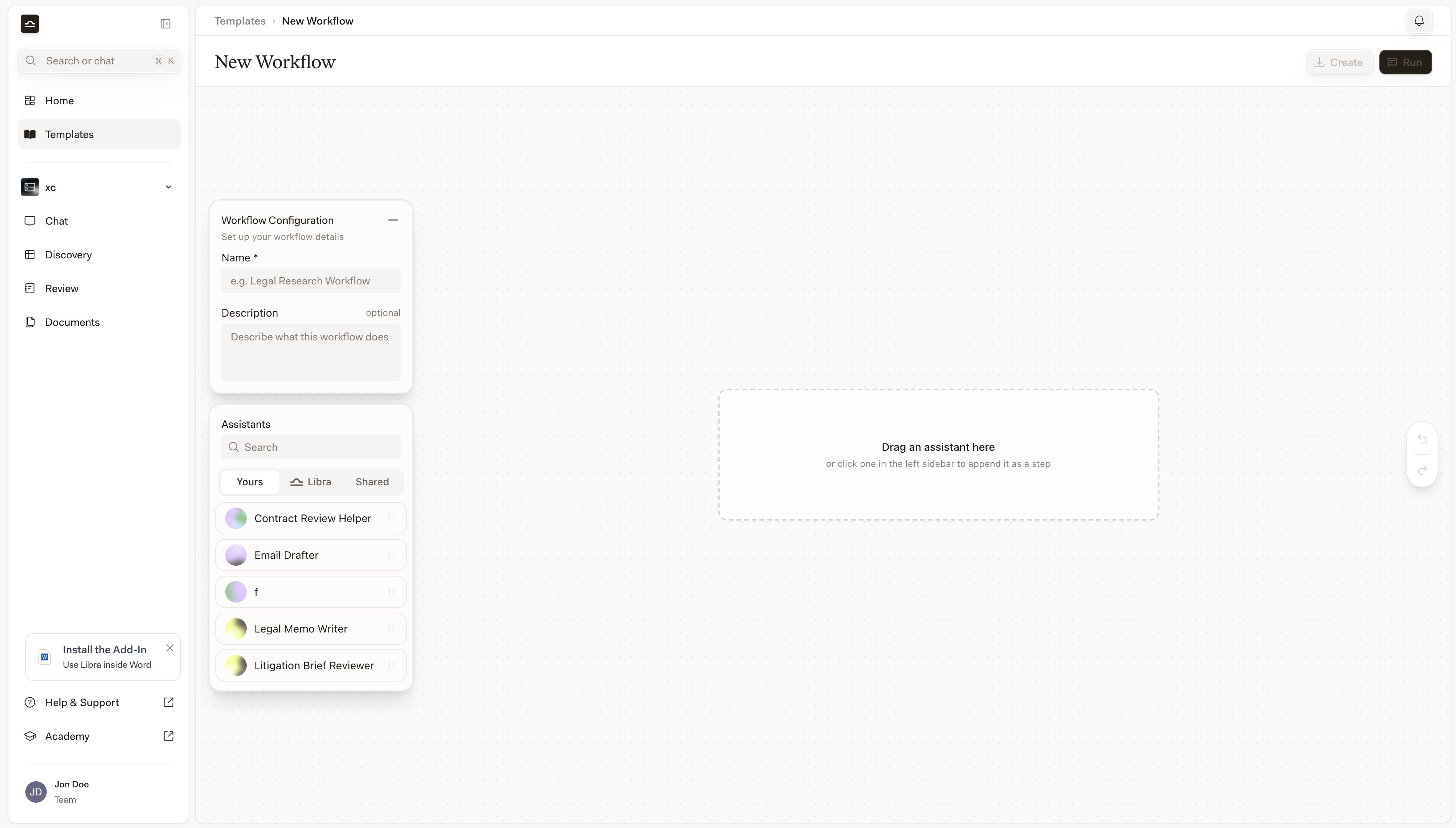 Üres Workflow-szerkesztő az Eszköztárral a bal oldalon