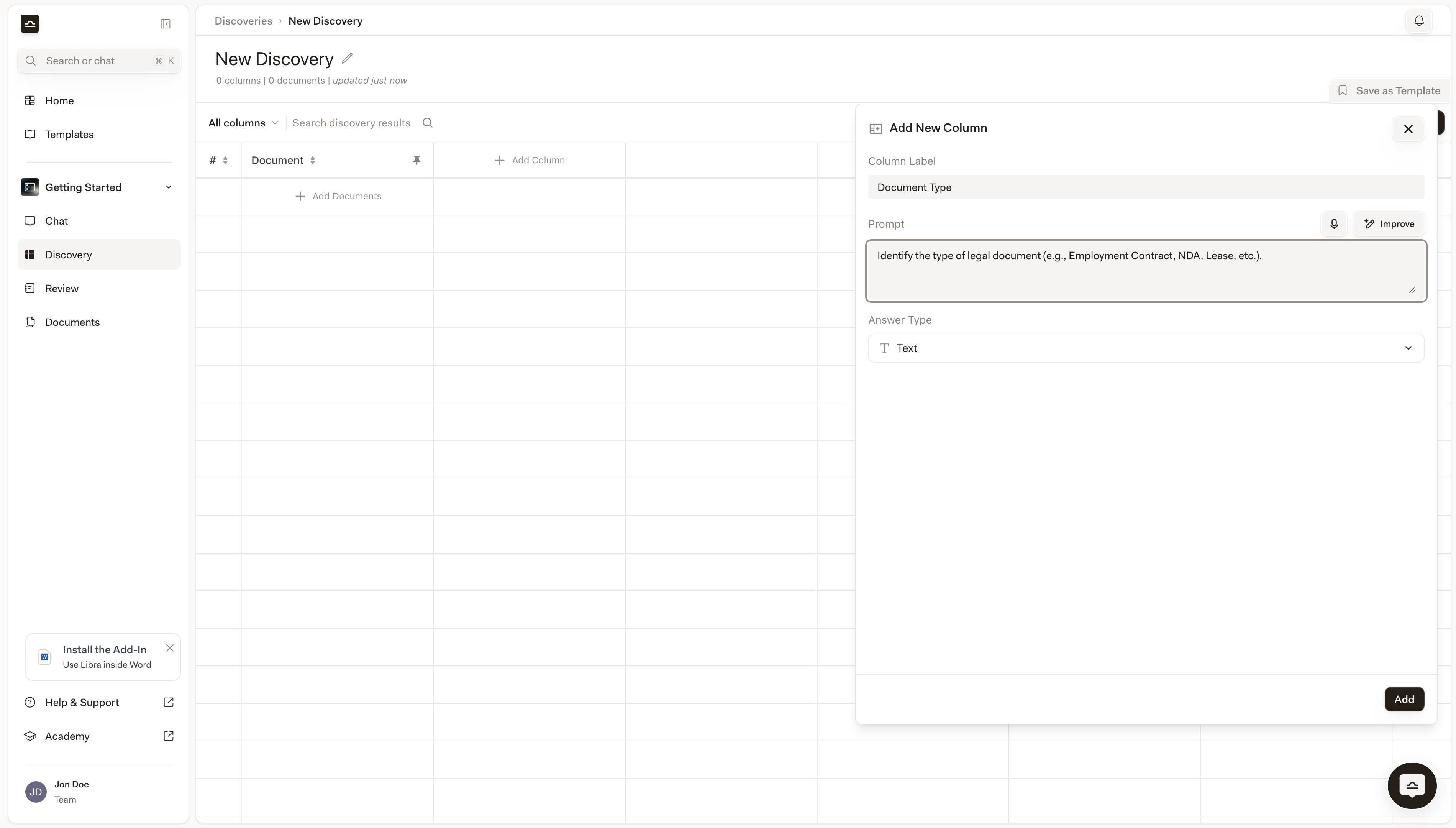 Add New Column panel with Column Label, Prompt and Answer Type fields