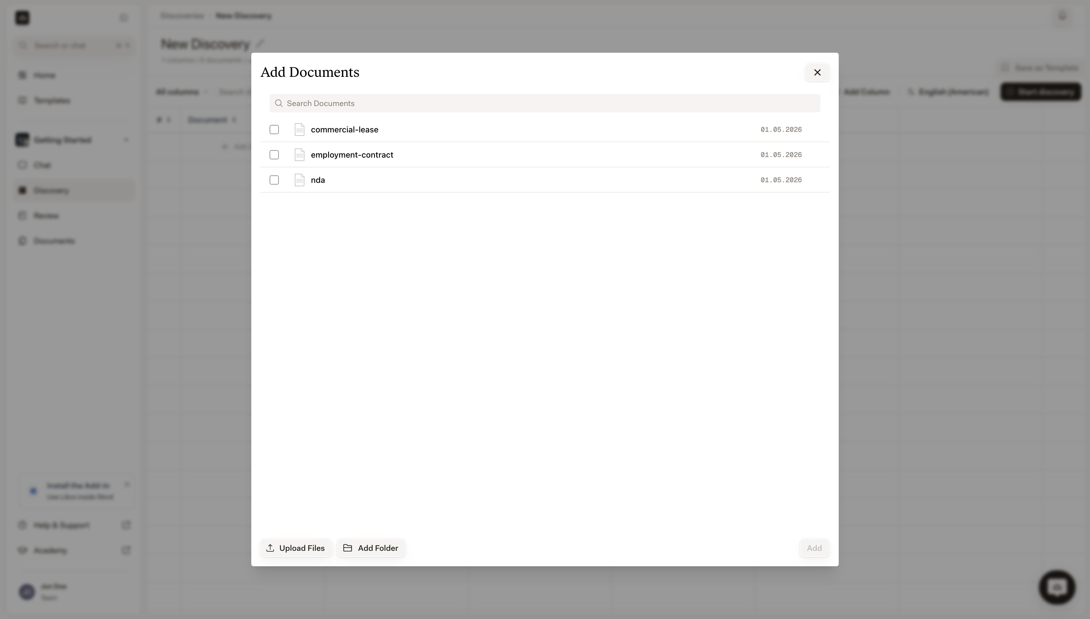 Add Documents picker listing the project's files, with Upload Files at the bottom