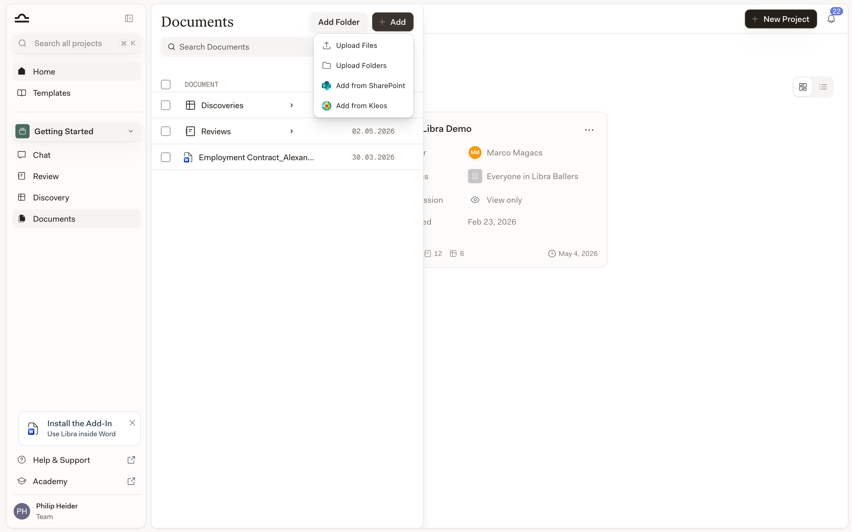 The Project files add menu showing Add from Kleos