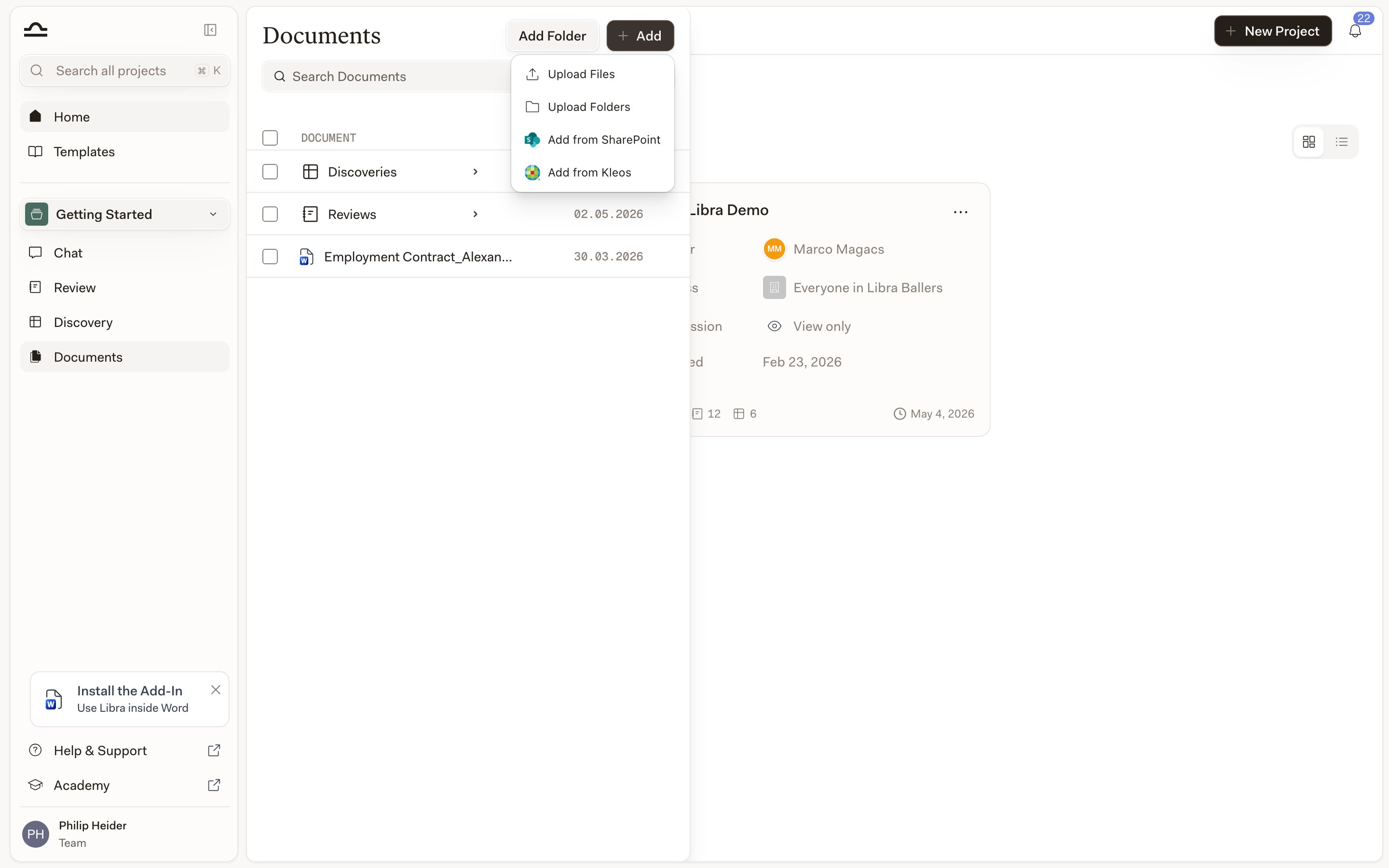 The Project files add menu showing Add from Kleos
