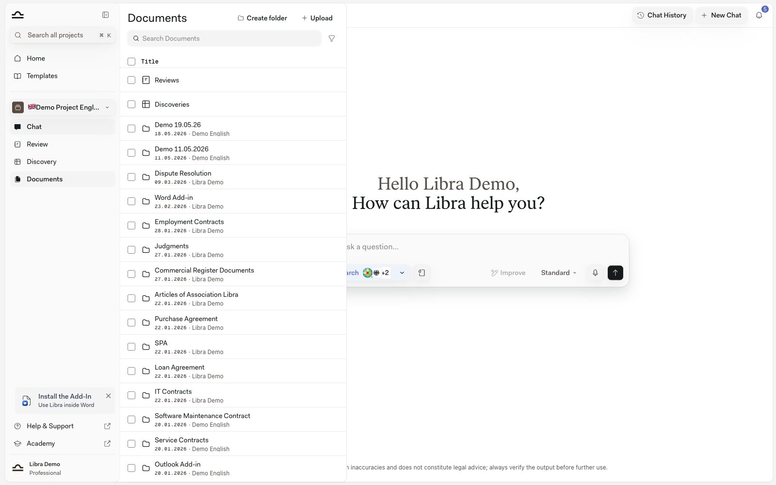 The project file panel open beside chat, showing the Reviews and Discoveries system folders above the project's own folders