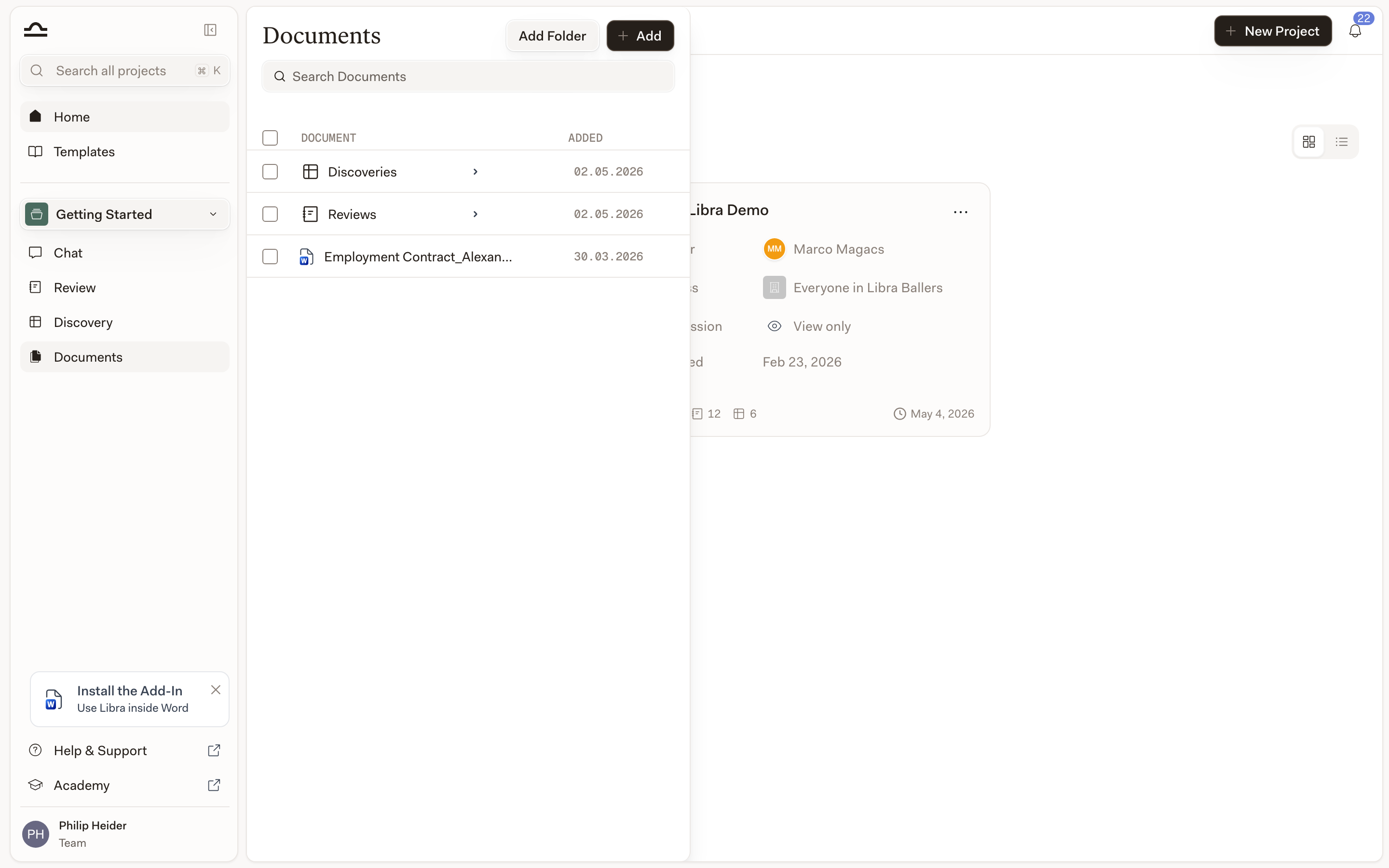 The Project files panel in a Libra project